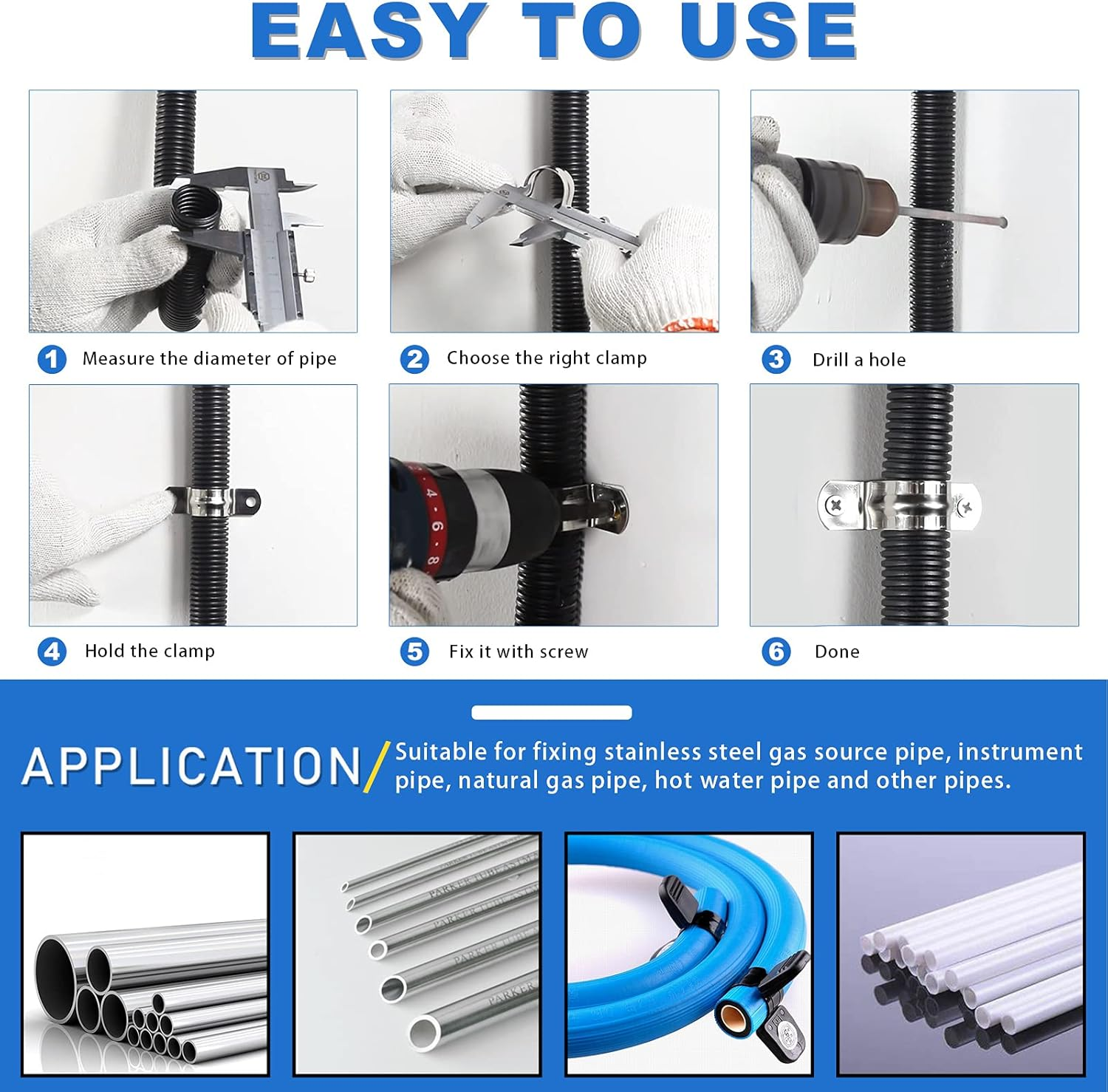 Glarks 85Pcs Pipe Strap Clamp Set M8 M10 M12 M14 M16 M20 M25 304 Stainless Steel Two Hole Strap Heavy Duty Rigid Pipe Strap U Bracket Tube Strap Assortment Kit for Pipe Tube Fixing image number 5