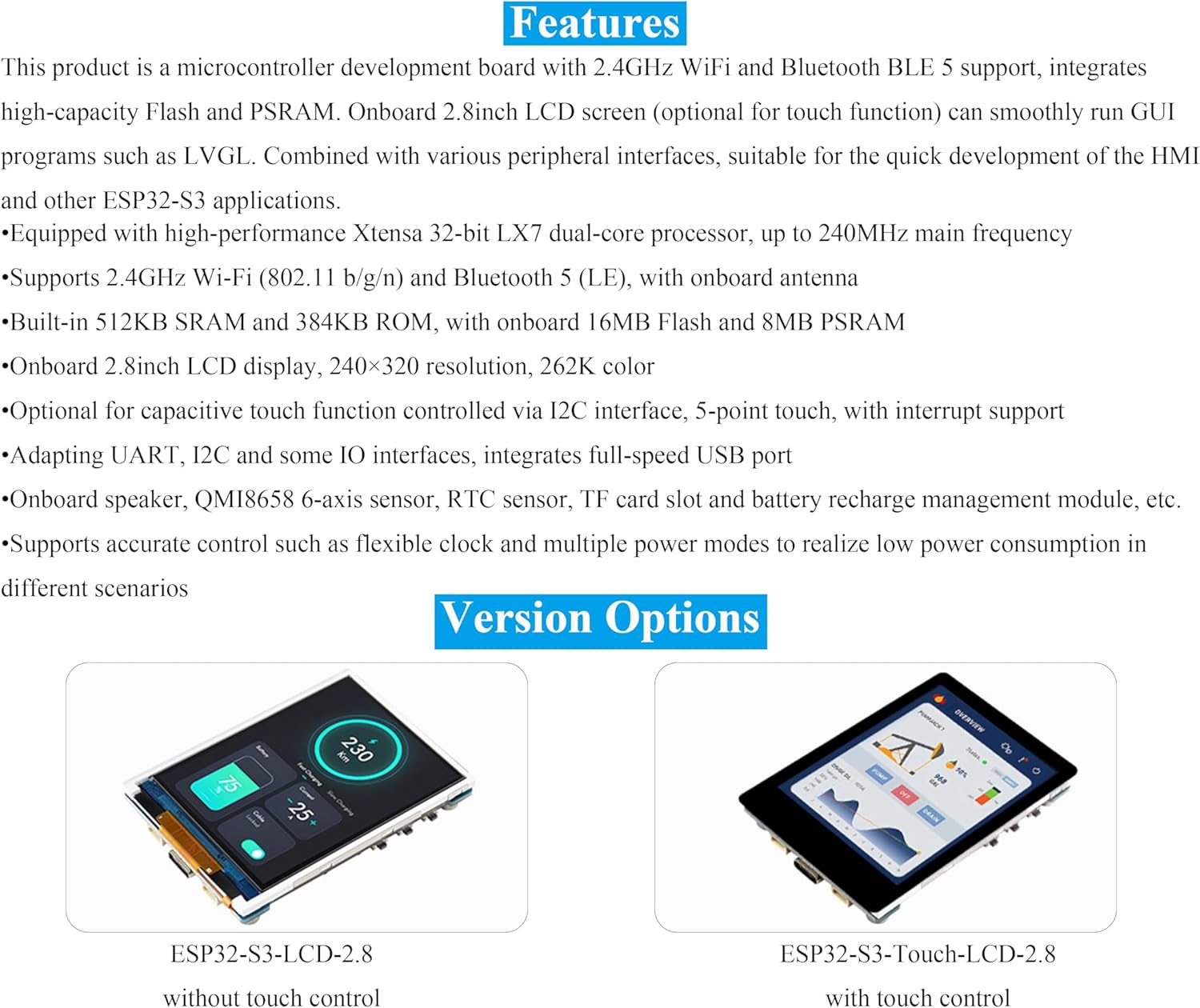 ESP32-S3 2.8Inch Display Development Board, 240&times;320, IPS Screen, 32-Bit LX7 Dual-Core Processor, up to 240Mhz Frequency, Supports W-I-F-I & BLE, with Onboard Antenna, ESP32 with Display (No Touch) image number 2
