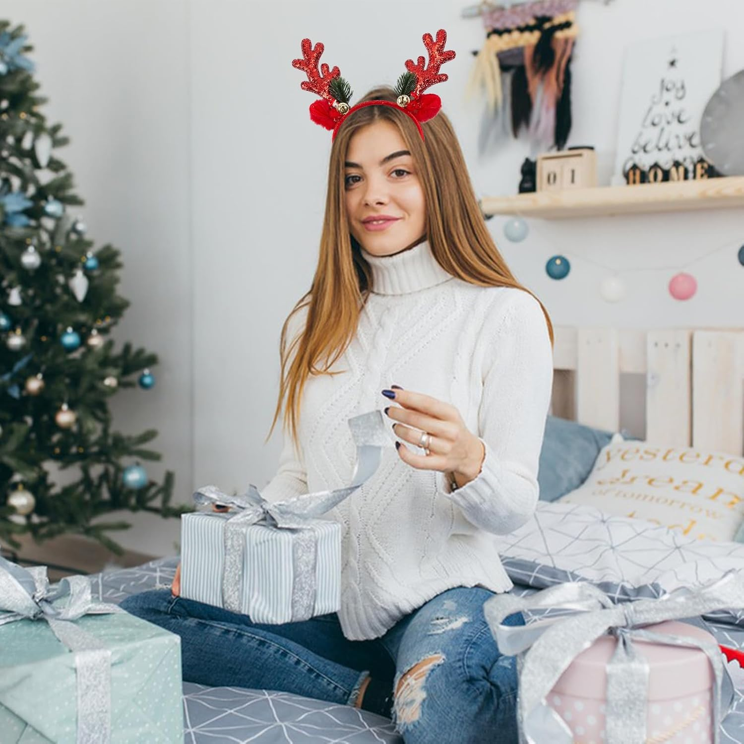 NICENEEDED Reindeer Antlers Headband Red Sequins Christmas Headbands with Deer Antlers Halloween Party Cosplay Costume Decorations for Adults image number 2