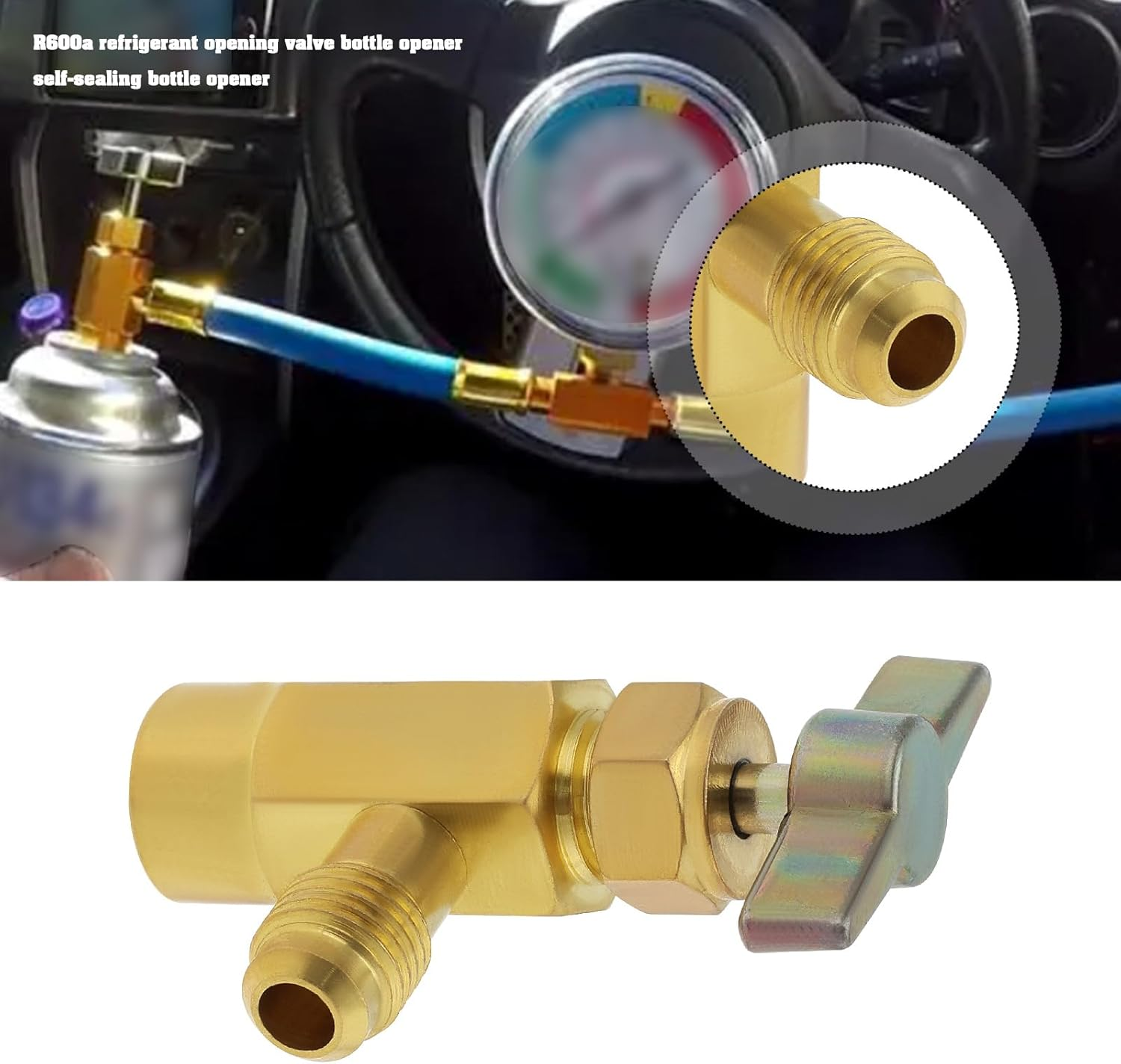 YINETTECH R600A Refrigerant Valve Bottle Opener Brass 7/16" Female Thread to 1/4" SAE Male Thread Self-Sealing Can Tap Adapter for Air Conditioning Refrigerant