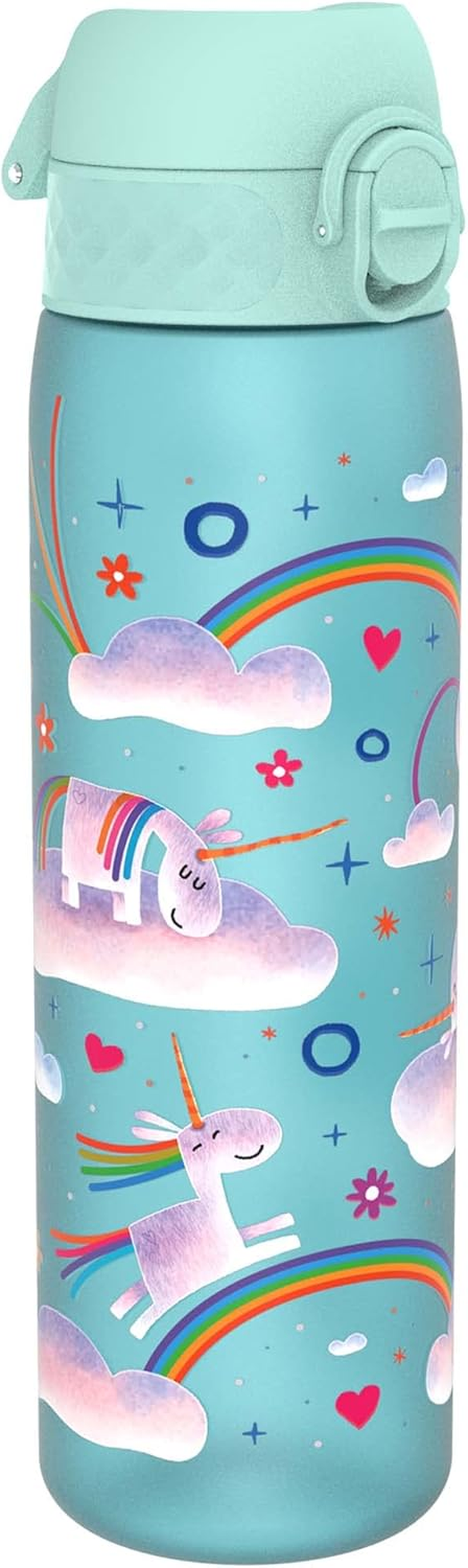 Ion8 Water Bottle, 500 Ml/18 Oz, Leak Proof, Easy to Open, Secure Lock, Dishwasher Safe, BPA Free, Hygienic Flip Cover, Carry Handle, Easy Clean, Odour Free, Carbon Neutral, Unicorn Rainbows Design