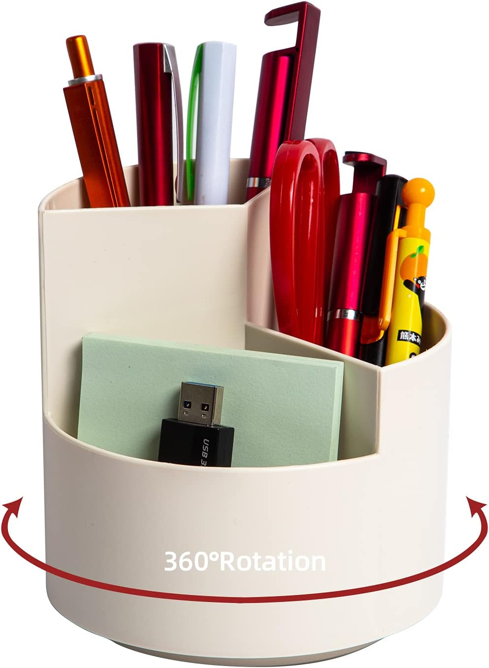 Desk Pencil Pen Holder, 3 Slots 360-Degree Spinning Pencil Pen Desk Organizers, Desktop Storage Pen Organizers Stationery Supplies, Cute Pencil Cup Pot for Office, Art Supply - White image number 2