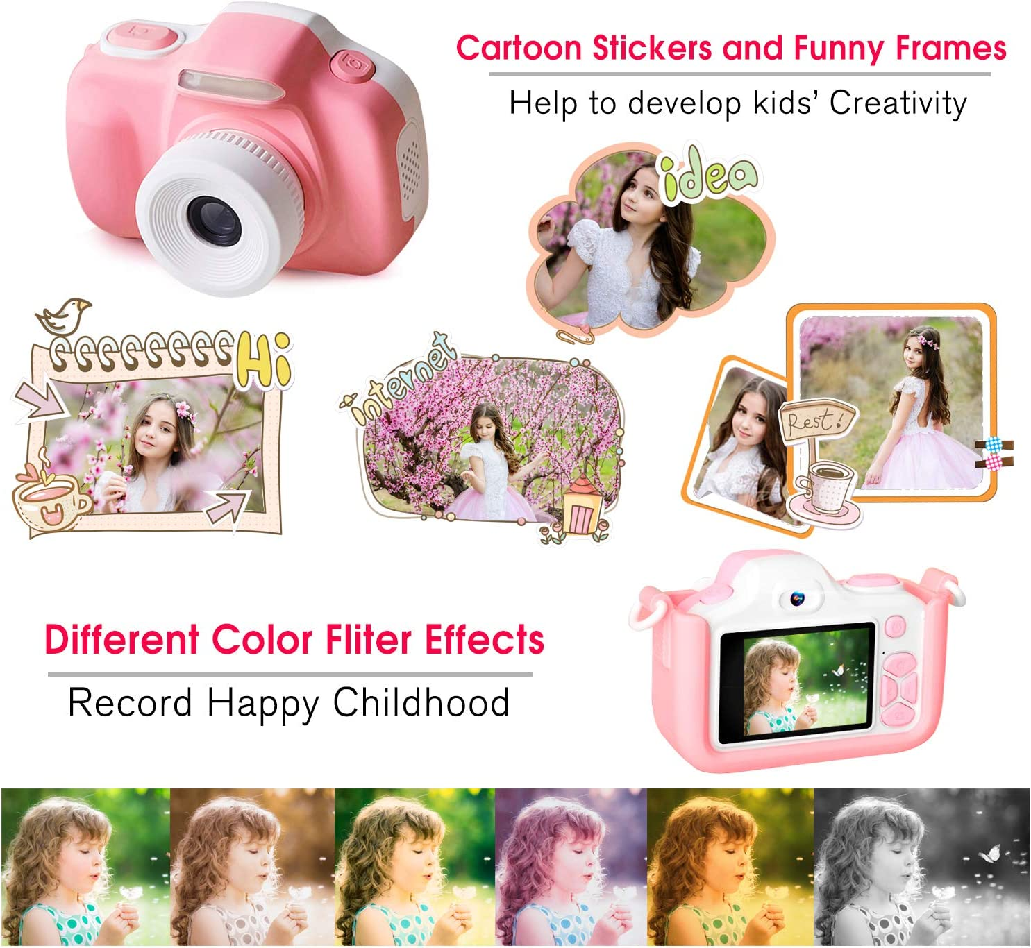 Bluefire 16MP HD Digital Camera for Kids, 2In IPS Screen Children Selfie Camera with Cartoon Silicone Cover & 32GB SD Card, Christmas/Birthday 4-11 Year Old Boys & Girls(Pink) image number 5