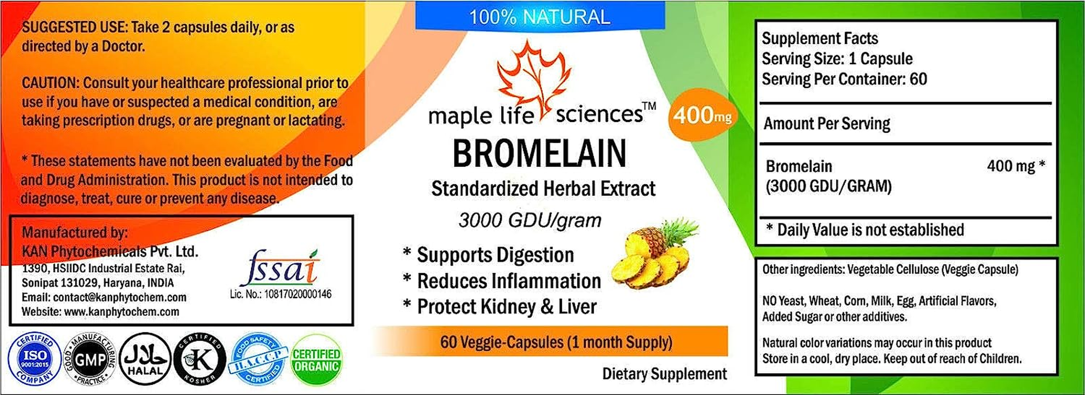 Bromelain Extract - 60 Vegan Capsules (3000 Gdu/Gm) - 400Mg image number 1