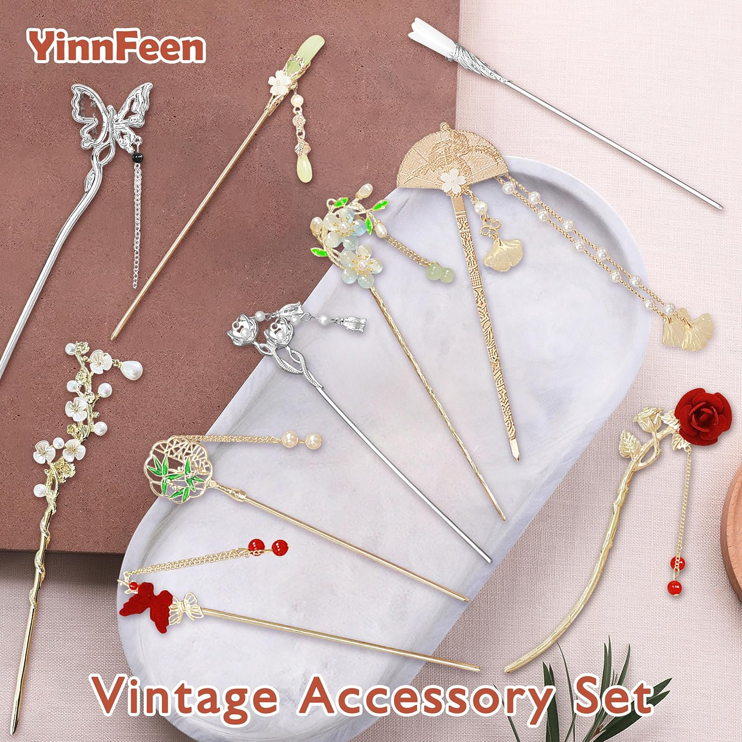 Yinnfeen 10 Pcs Chinese Hair Stick, Silver and Gold Vintage Hair Chopsticks, Retro Chinese Hanfu Hair Pin Flower Butterfly Dangle Tassel Hair Stick for Women Hair Styling Accessories image number 3