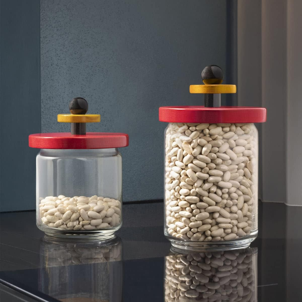 Alessi Mr. Sottsass I Suppose ES16 / 100 - Design Hermetic Glass Jar with Beech Wood Lid, Red, Black and Yellow