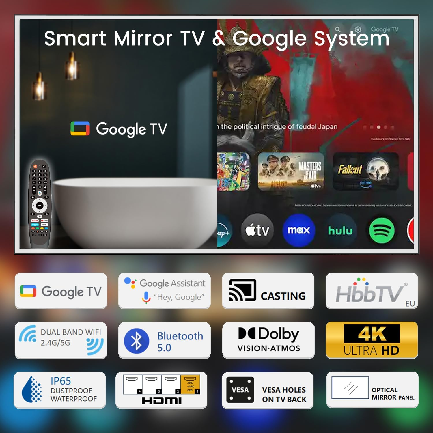 Elecsung 43 Inch LED Light Mirror TV 4K Screen Decoration Makeup LED Mirror ATSC Goog-Le System Voice Control Built-In DTV Tuner image number 6