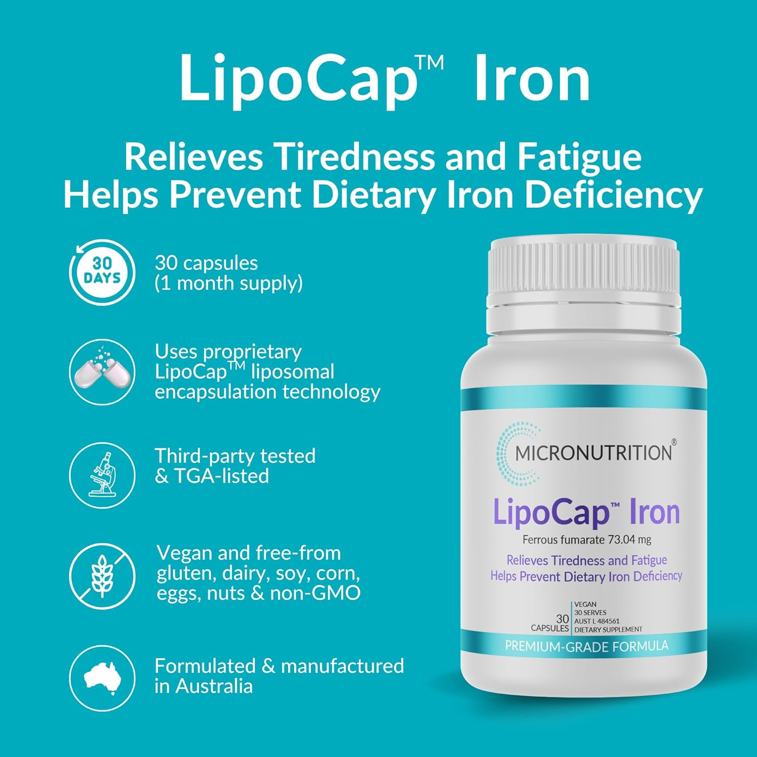 MICRONUTRITION Lipocap Iron Supplement, 30 Vege Caps image number 6
