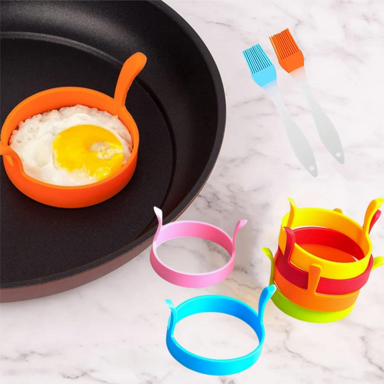 6Pcs Silicone Egg Ring Mold, Non Stick Fried Egg Mold round Egg Cooking Rings with Handle Heat Resistant Omelette Mould for Cooking and Frying,With2 Silicone Brushs image number 1