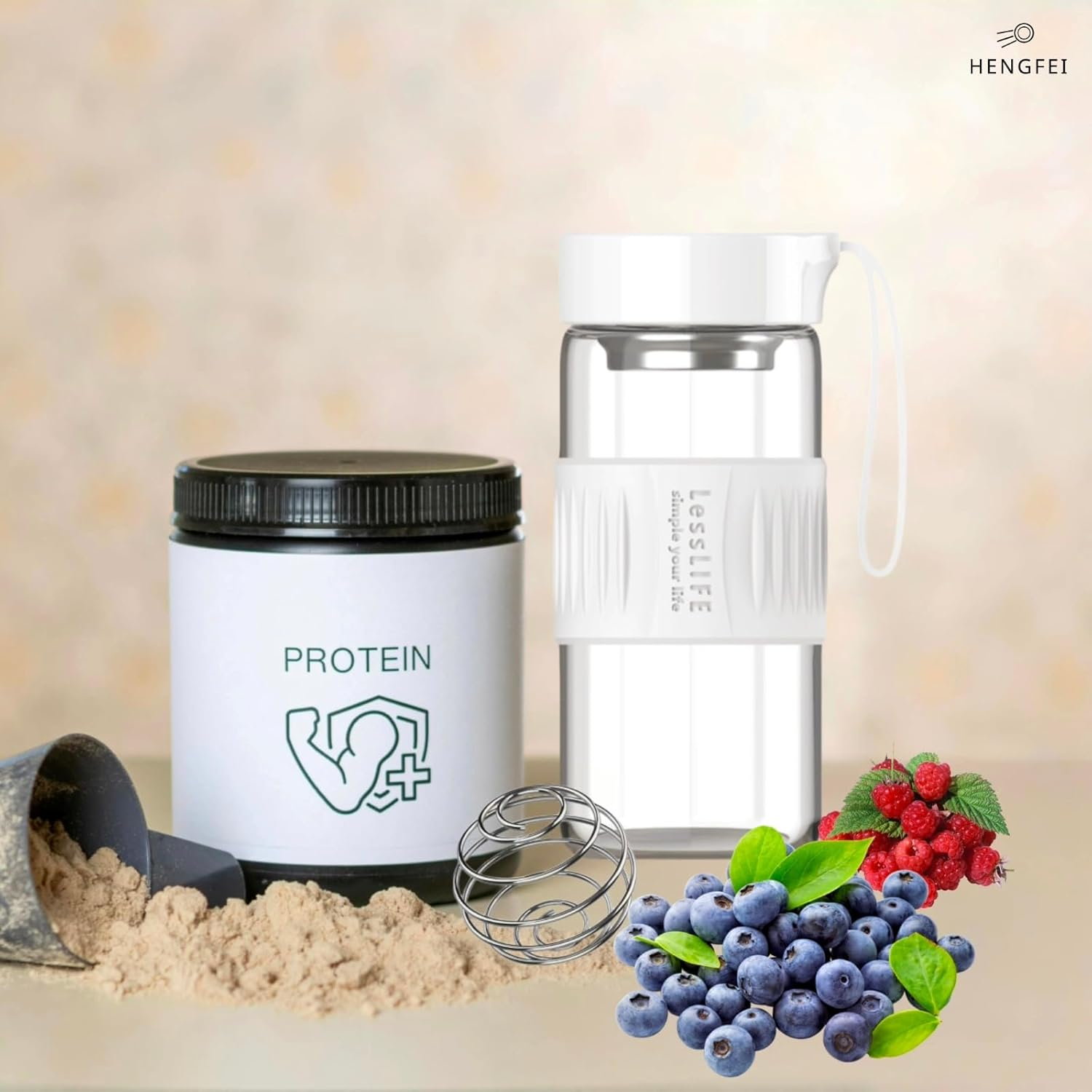 HENGFEI Glass Shaker Bottle for Protein Mixes,16Oz Glass Shaker with Silicone Carry Handle, Strainer and Shaker Ball (Ivory)