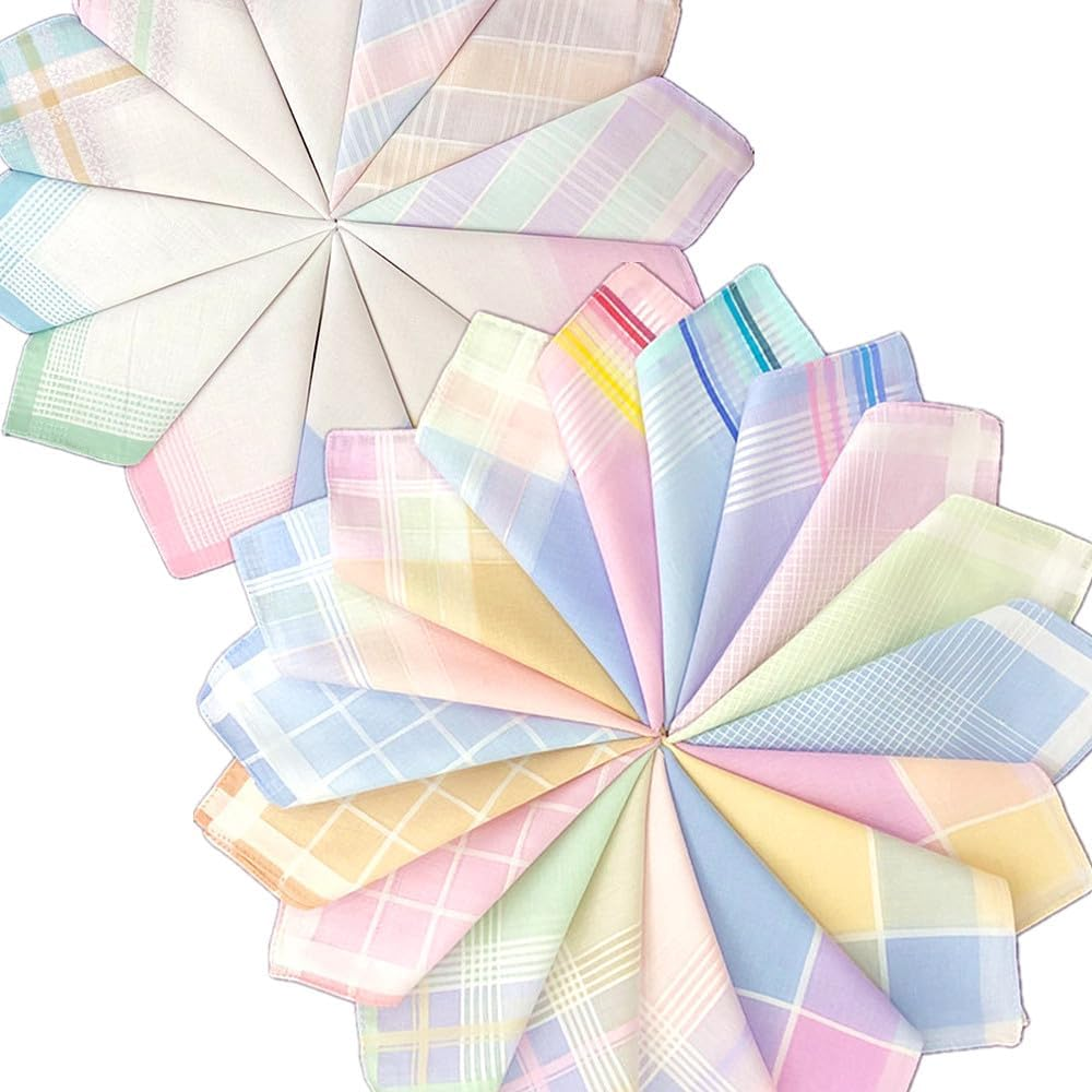 10Pack Quality Women Handkerchiefs | 100% Cotton Classic Large Handkerchiefs | Multicolor Striped and Plaid Vintage Pocket Squares | Suitable for Daily Use and Gifts image number 4