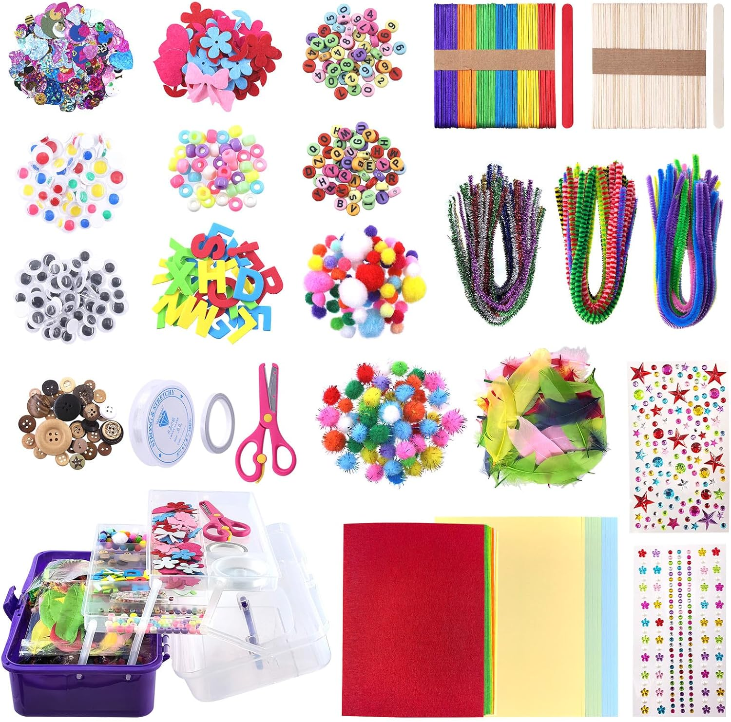 Hilitchi 814Pcs Art and Craft Supplies of Integrated DIY Process Set Includes Pipe Cleaners, Feather, Stick, Sparking Sequin, Folding Storage Box for DIY Art Craft image number 3