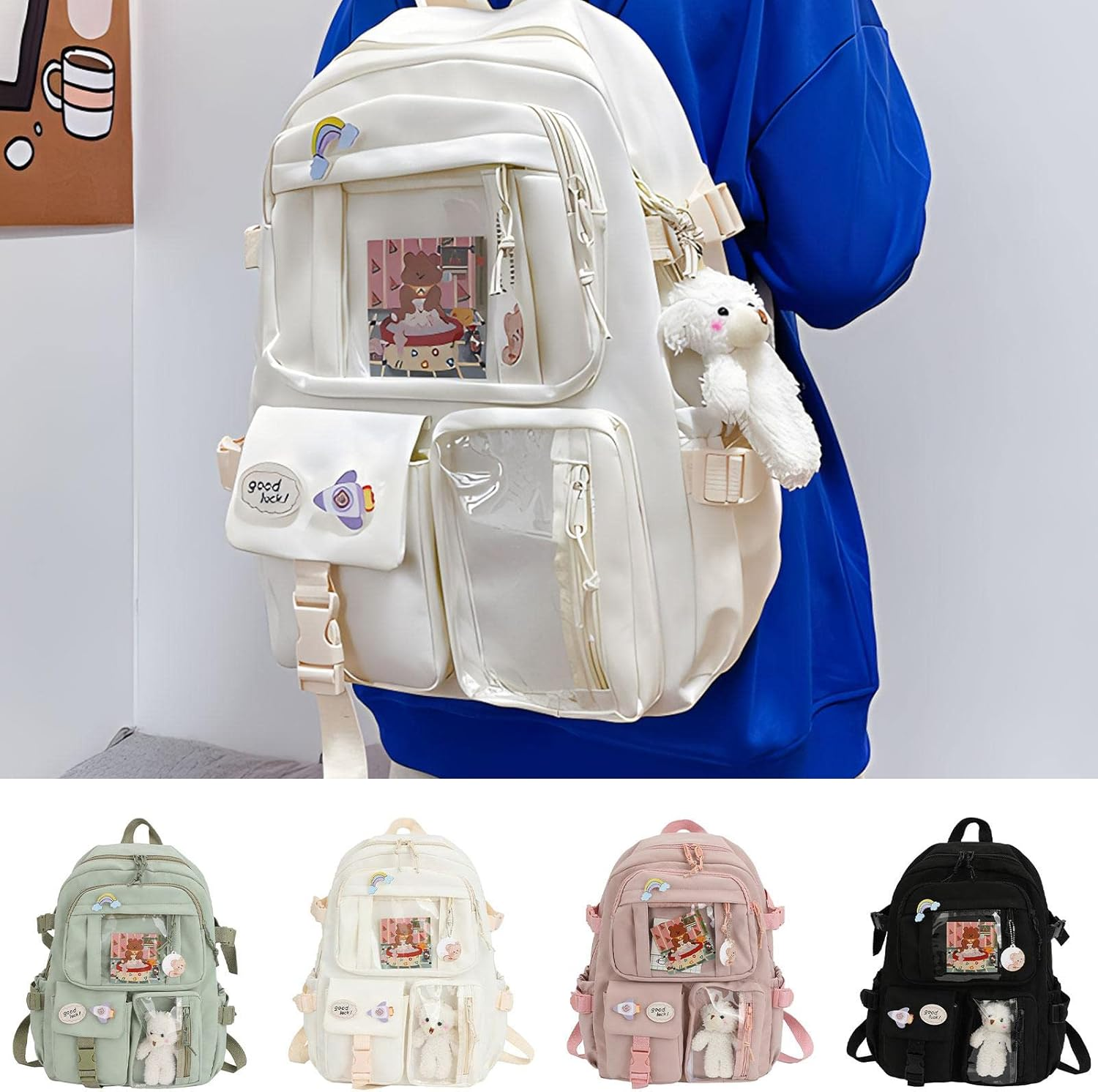 Backpack with Cute Pin & Plush Bear Accessories, Cute School Backpack Pastel Aesthetic Backpack for Girls - Beige image number 7