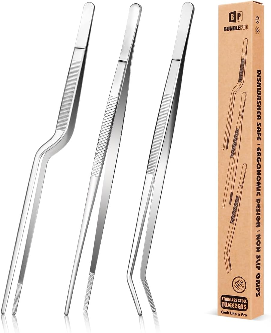 4 Pcs Kitchen Fine Tweezer Tongs, 12'' and 10'' Stainless Steel Food Tweezers Set, Professional Kitchen Long Tweezer for Cooking, Repairing, Sea Food and BBQ (BLACK)