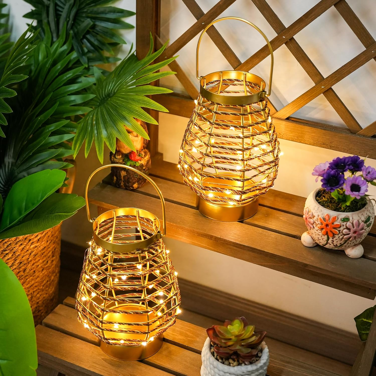 TRIROCKS Metal Table Lamp, Wireless Table Lamp, 19.5Cm High, Set of 2 Cage LED Lanterns with Battery Operated and 6 Hour Timer, Vintage Decoration Lights for Indoor Outdoor Bedroom Wedding image number 2