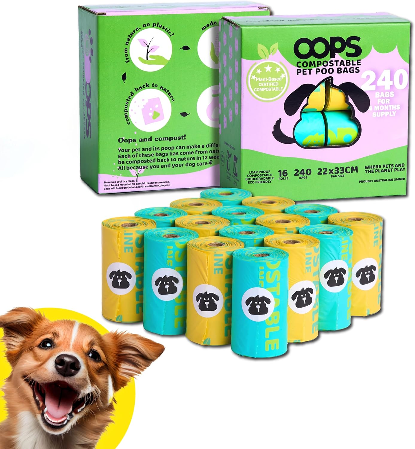 OOPS Compostable Dog Poop Bags, Certified Compostable, Unscented 240/120 Counts 16/8 Rolls Pet Waste Bags, Strong Extra Thick Leak Proof Poo Bag Rolls for Dogs and Cats, 22 X 33 CM (8 Rolls)