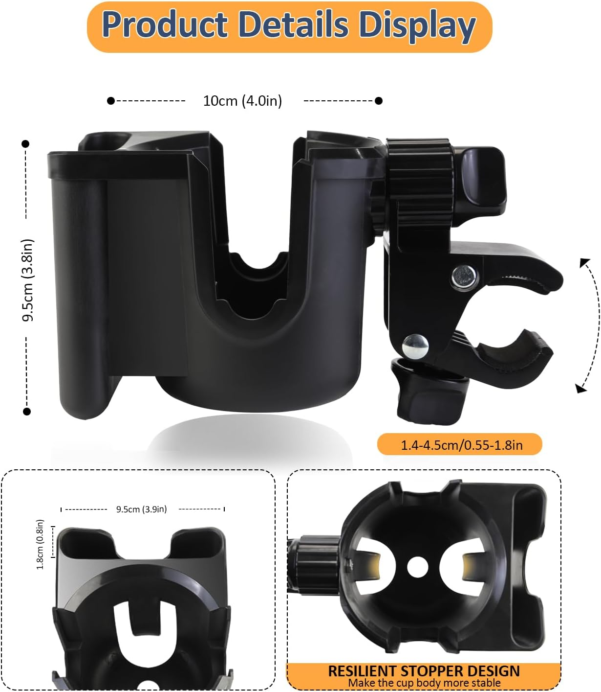 Universal Stroller Cup Holder with Phone Holder, 360&deg;Rotatable Bottle Holder with Strong Clip, Accessories for Stroller, Bike, Wheelchair, Walker, Scooter image number 3