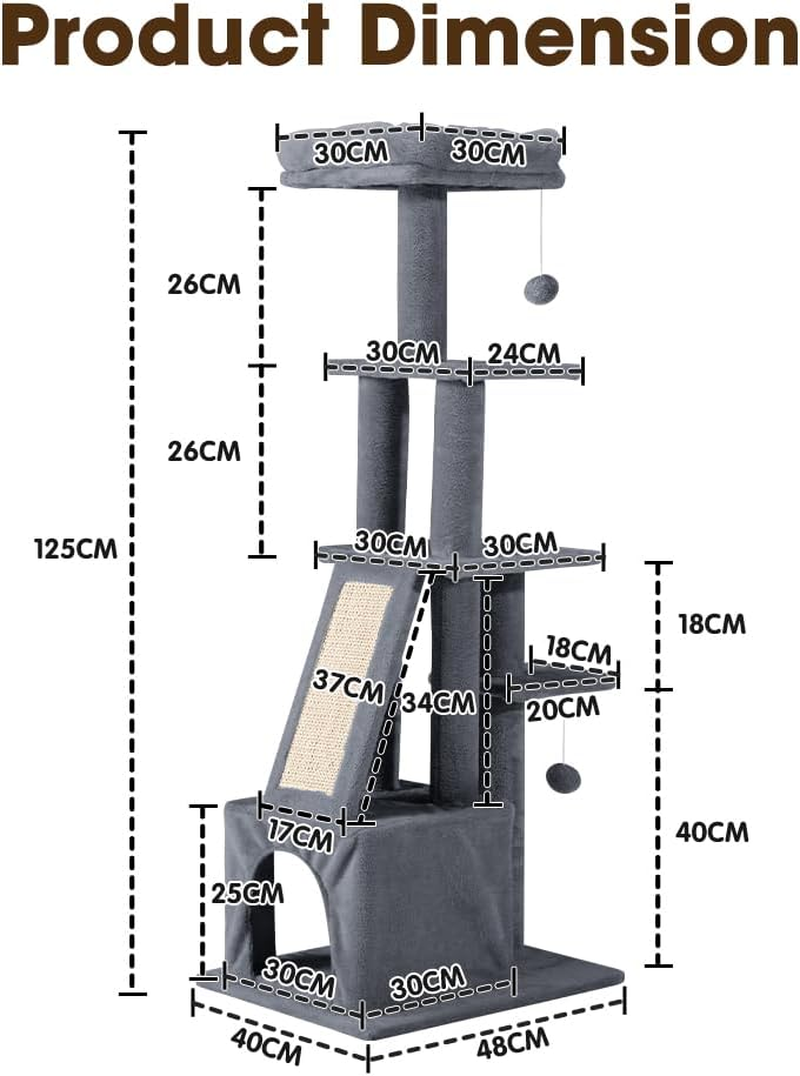 Cat Tower, 125Cm Cat Tree for Indoor Large Cats, Multi-Level Condo with Ladder, Hideaways, Pompoms and Toy, Dark Grey image number 6