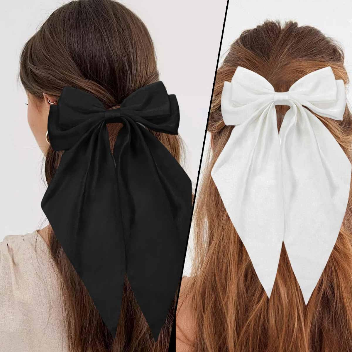 4 PCS Hair Bows for Women Girls Oversized Bow Hair Clips Black White Long Tail Hair Ribbon Metal Spring Clips Vintage Silky Satin Barrettes Ponytail Headdress French Large Bowknot Hair Accessories