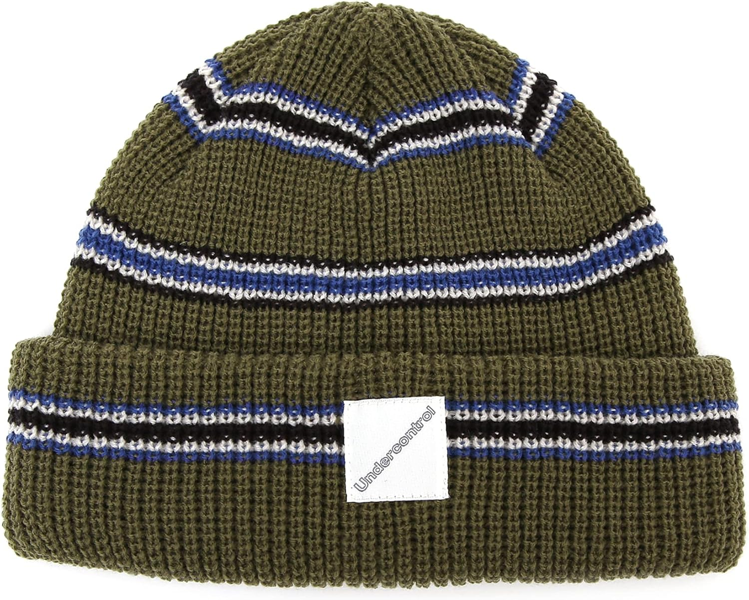 UNDERCONTROL Stripe Pattern Roll up Skullcap Warm Winter Watch Hats Thick Knit Cuff Square Logo Patch Unisex Fisherman Beanie - Khaki image number 6