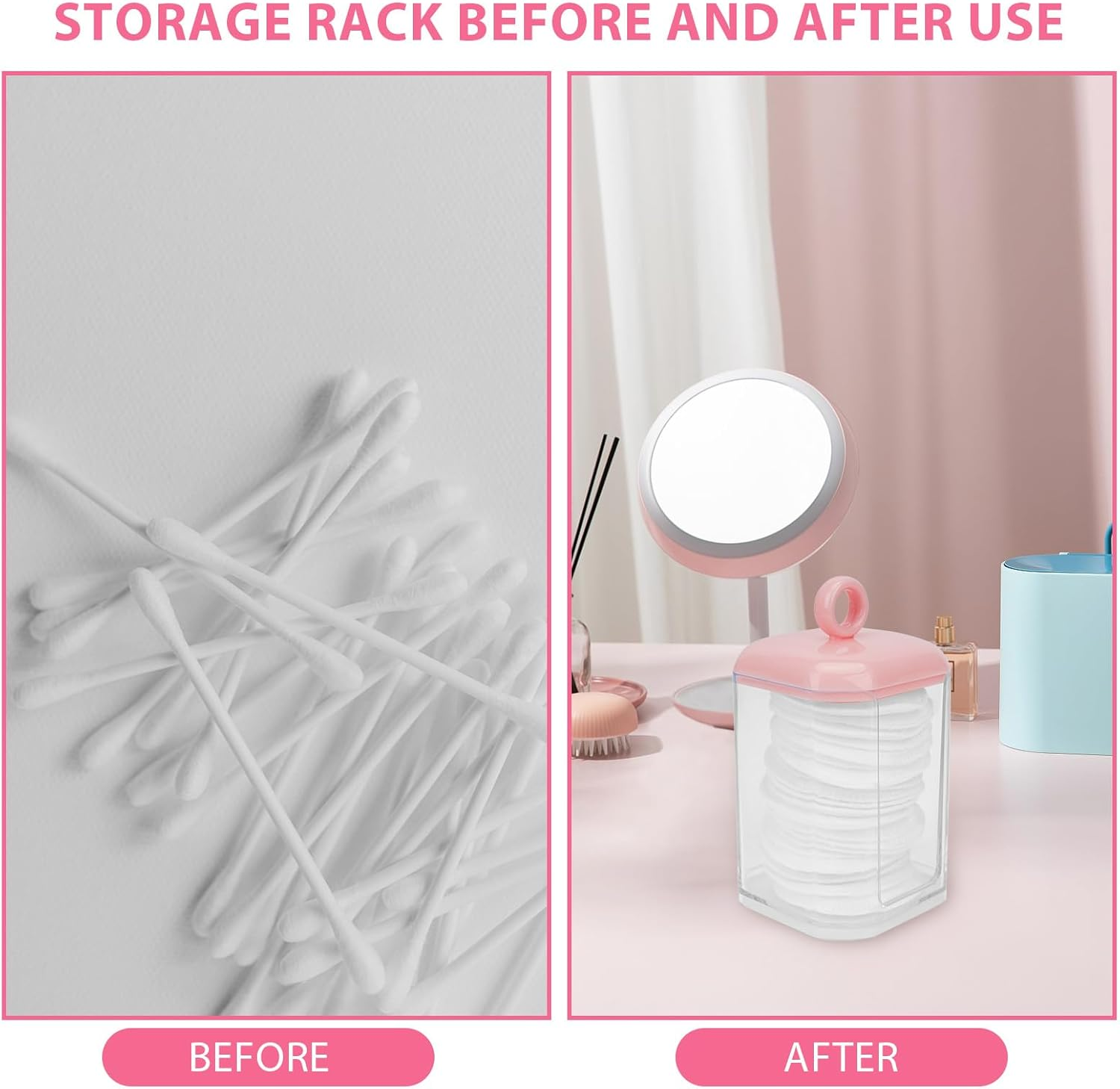 Reignsword Double Layer Cotton Swab Holder Dispenser, Plastic Storage Containers with Lid for Bathroom Vanity Countertop, Clear Bathroom Canisters for Cotton Swab, Ball, Cotton Pad (Pink)