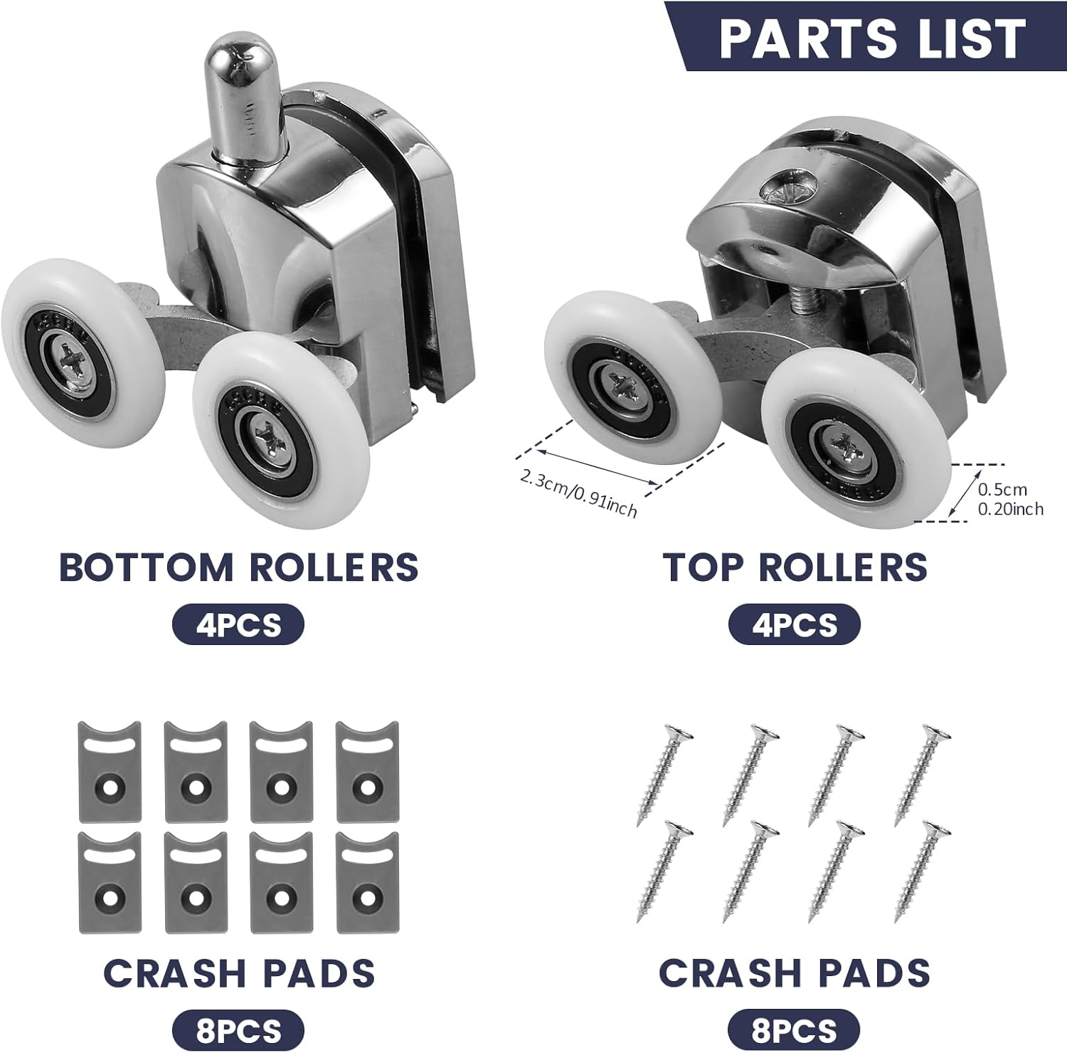 8Pcs Curved Shower Door Rollers 23Mm Aluminum Alloy Top and Bottom Shower Wheel Quiet Shower Door Pulley Replacement with Anti-Collision Pad and Screws for 4-6Mm Glass Door image number 3