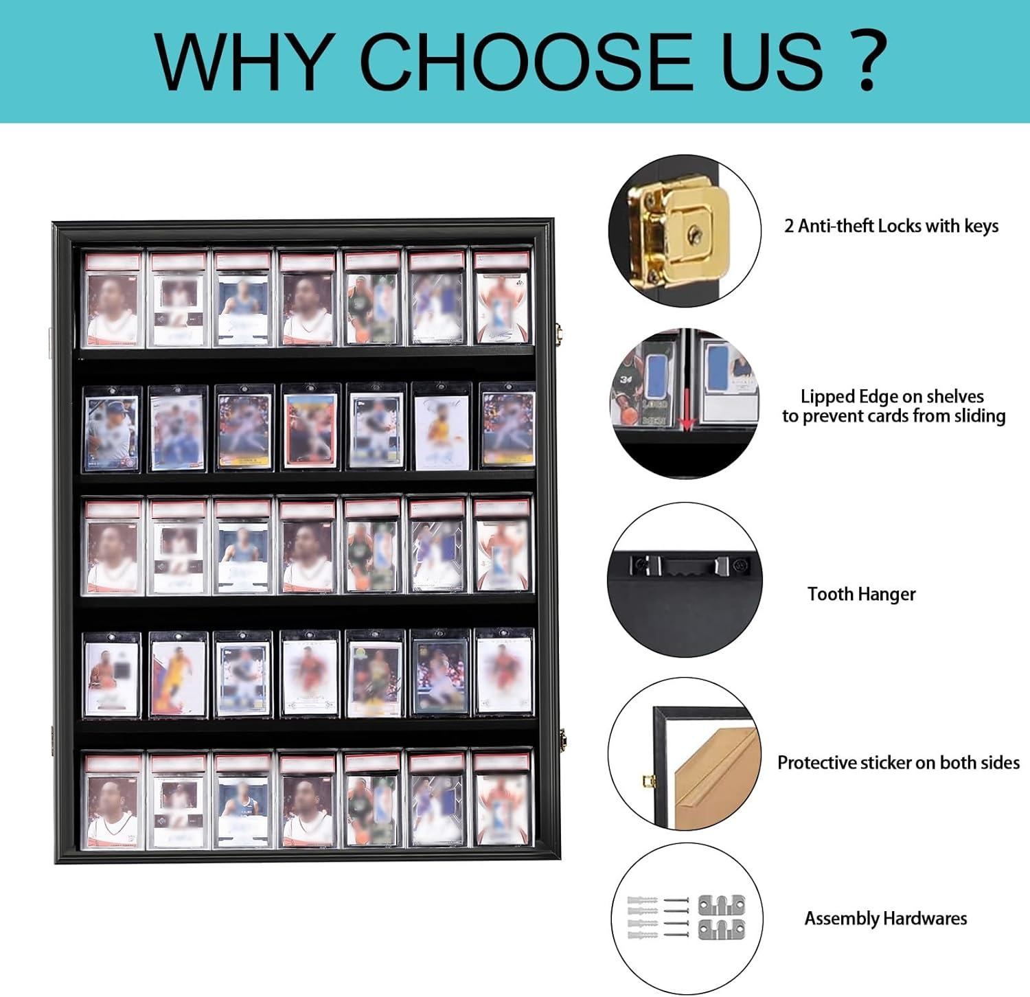 Sboitflmm 35 Graded Baseball Card Display Case - Wall Mount with Lock - UV Protection Acrylic - Sports Trading Cards Frame for Basketball, Football & Hockey (-Vertical)