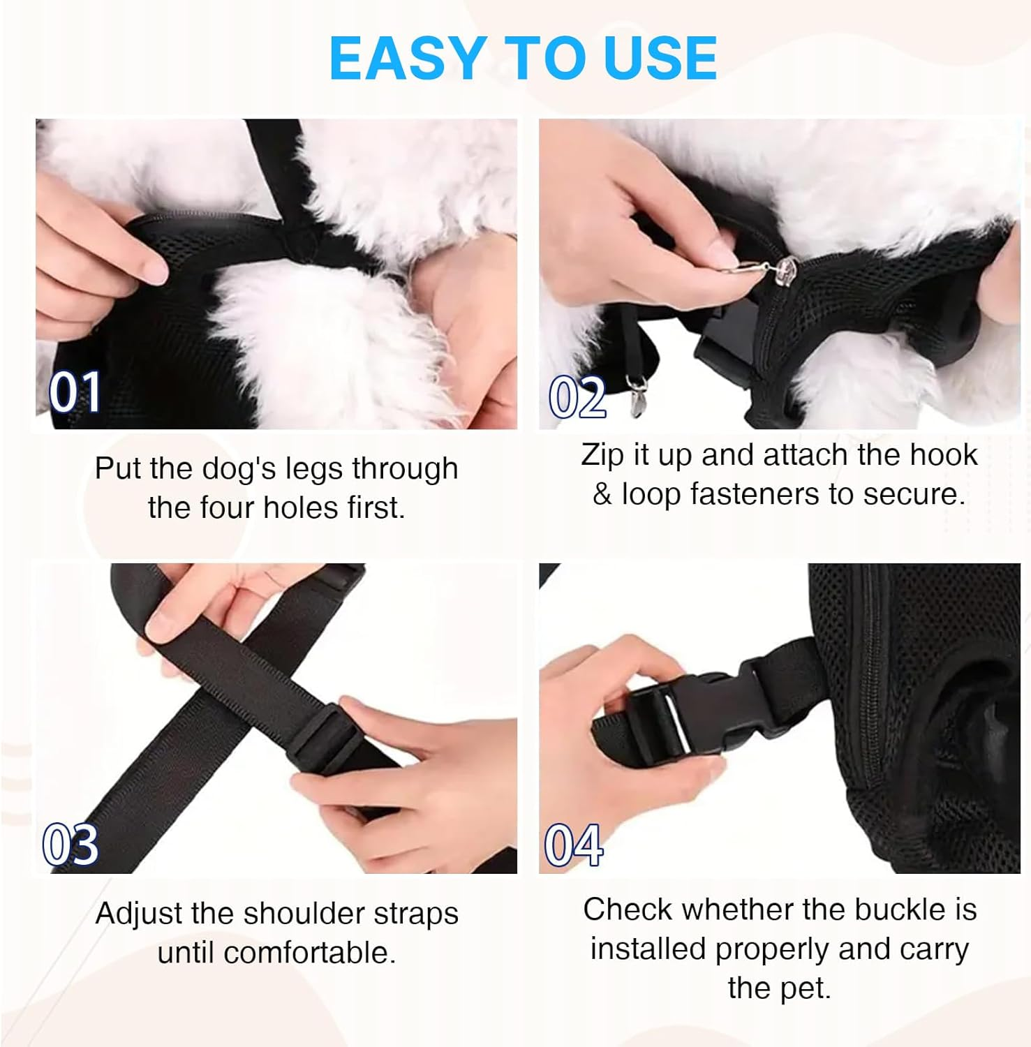 Dog Carrier Backpack, Adjustable Pet Carrier Backpack for Front and Back, Cat Dog Carrier Legs Out Rucksack for Camping Traveling Hiking with Hook and Loop, Breathable Mesh image number 5