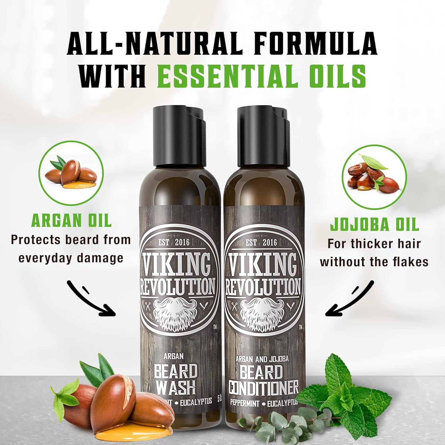 Best Deal Beard Wash & Beard Conditioner Set W/Argan & Jojoba Oils - Softens & Strengthens - Natural Peppermint and Eucalyptus Scent - Beard Shampoo W/Beard Oil 5Oz by Viking Revolution image number 3