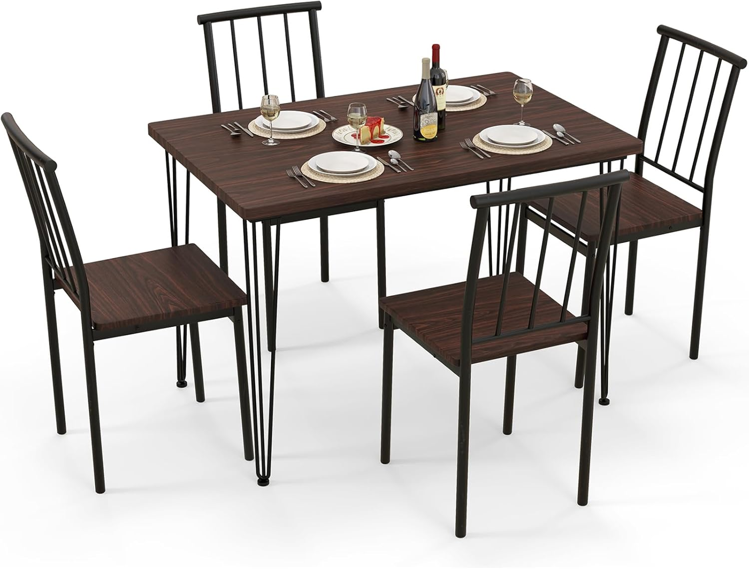 Giantex 5-Piece Dining Table Set for Small Space, Kitchen Table Set for 4, Dining Room Table & 4 Chairs with Metal Frame, Rustic Dining Set for Home Restaurant (Walnut)