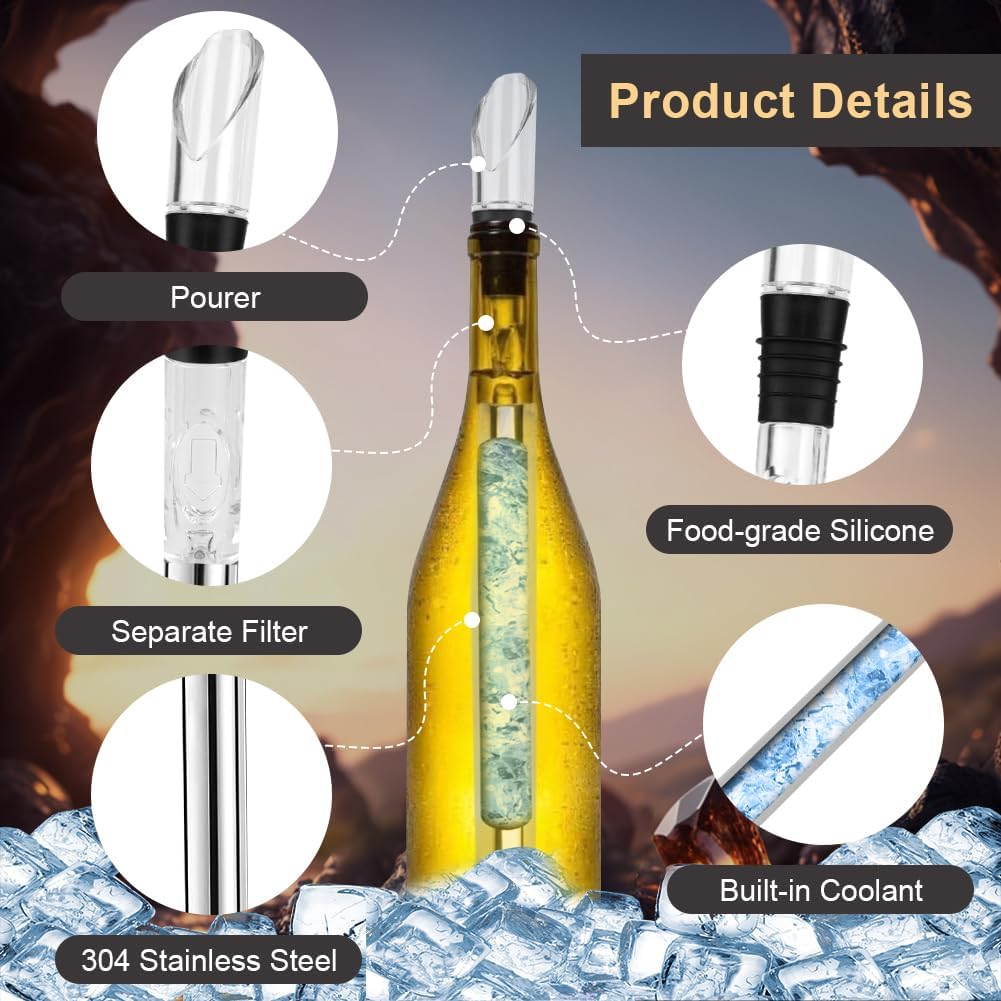 HOTUT Wine Chiller Sticks, Set of 2 Wine Chiller Sticks, Stainless Steel Cooling Rod with Spout, Wine Cooler Set, Wine Stick Cooler, Wine Bottle Cooler for Red and White Wine, Wine Accessories Gift image number 1