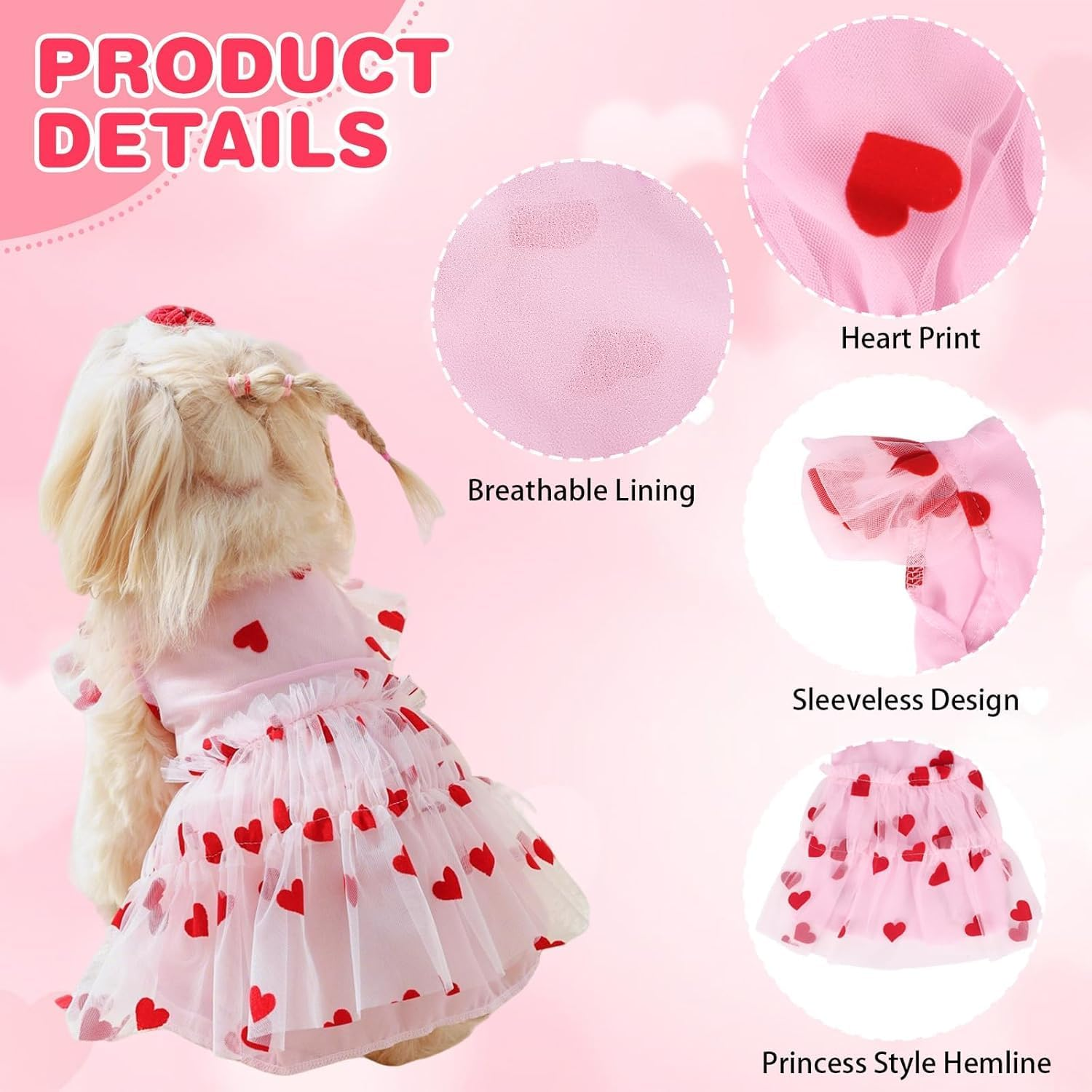 Small Dog Dresses Heart Print Dog Cat Wedding Dress Puppy Tulle Dress Doggie Tutu Skirt Cat Outfit Pet Costume for Clothes (Pink, S) image number 1