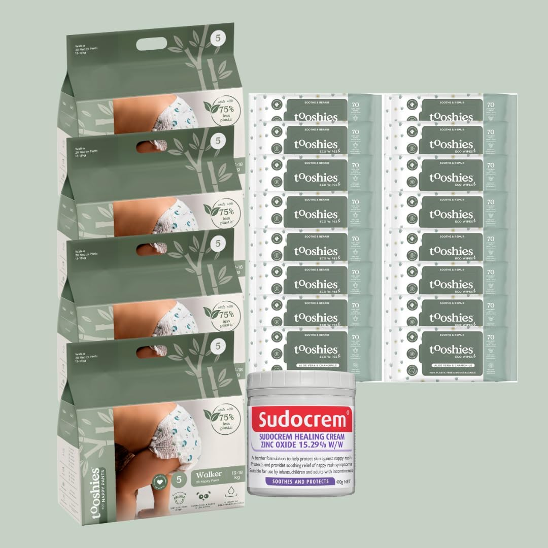 Tooshies Eco Nappy Pants, Size 5 Walker, 112 Count + Tooshies Aloe Vera & Chamomile Eco Wipes, 1120 Pack + Sudocrem Healing Cream 400G image number 4