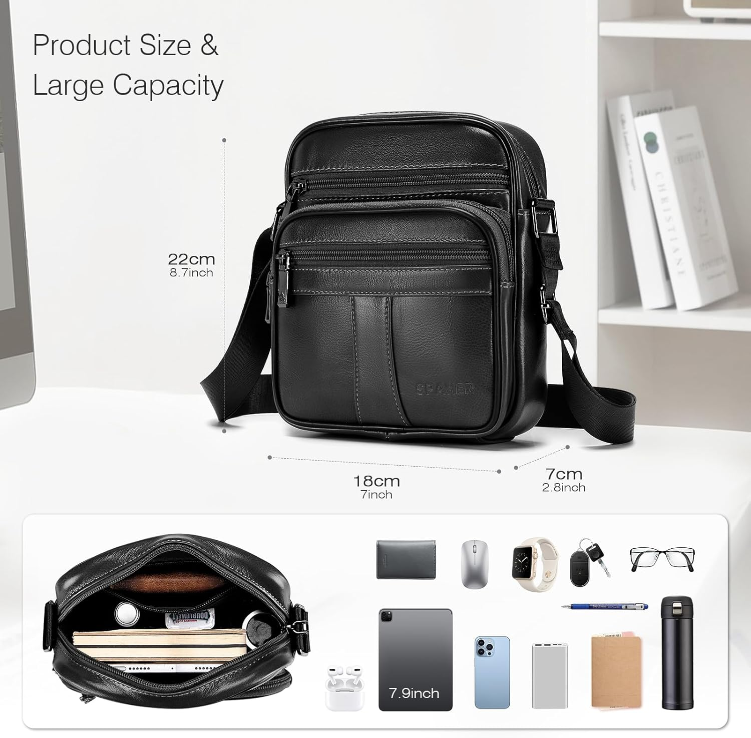 SPAHER Man Bag Small Shoulder Bag for Men Crossbody Leather Bags for Men Leather Handbag Shoulder Bag Business Messenger Backpack Crossbody Casual Sling Travelling Bag Mens Gift - A001 Black image number 2