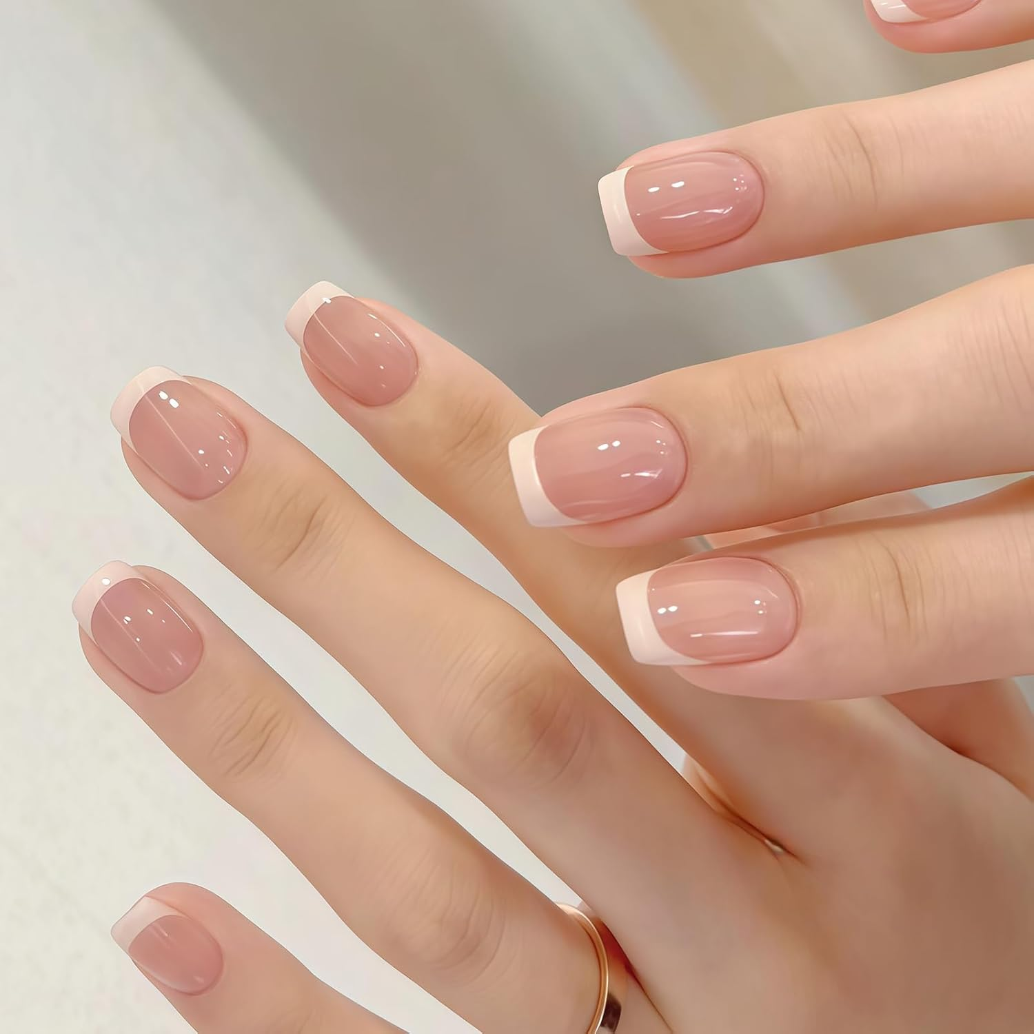 Teccfly 48 Pcs Acrylic French False Nails, Short Press on Nails French Tip - Nude Fake Nails with Jelly Adhesive Tabs, Easy DIY Stick on Nail Art for Women​ Girls,Ideal Choice for Christmas Parties