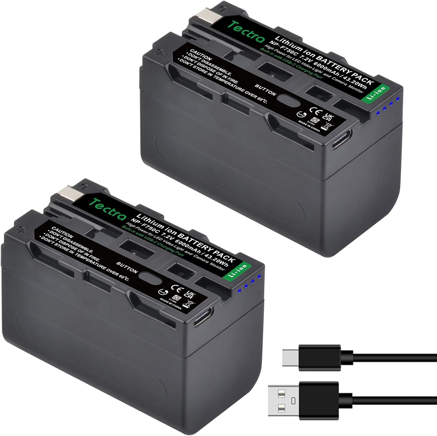 Tectra 6000Mah NP-F750 Battery 2 Pack, USB-C Replacement Battery for Sony NP-F550 F570 F750 F770 F950 F960 F970, Compatible with LED Video Light/Monitor/Ring Light (Not for Camera) image number 1