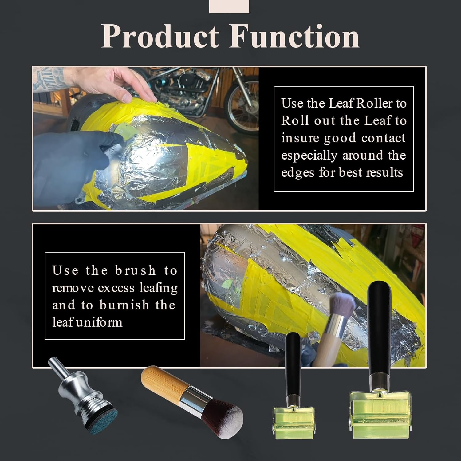 1"&2" Leaf Seam Roller, Smoothing Tool, Dusting Brush, for Spin-Able Automotive Grade Metal Leafing (Roller&Duster), 1" Leaf Spinner Tool Unlock 3D Effects, Enhances Gold&Silver Leaf W/ 3D Appearance image number 3