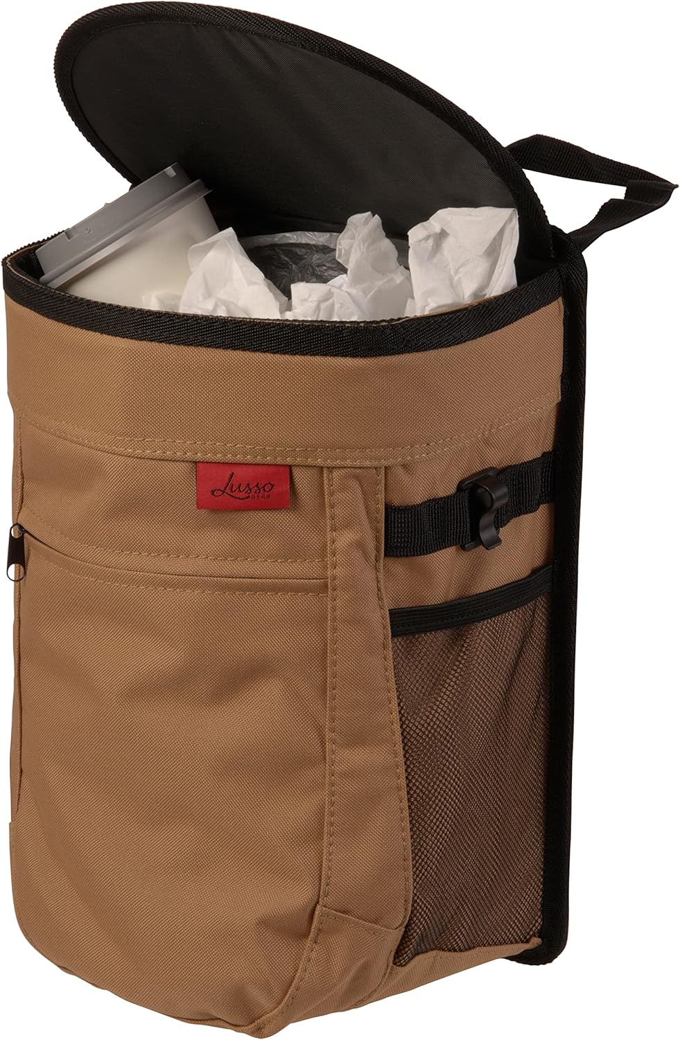 Lusso Gear Car Trash Can with Lid and Removeable Liner, Hanging Car Trash Bag with Hooks, Waterproof Fabric Car Garbage Bin, Automotive Travel, Trashcan Car Accessories, for Truck Van and SUV (Tan) - 2-Pack Black image number 7