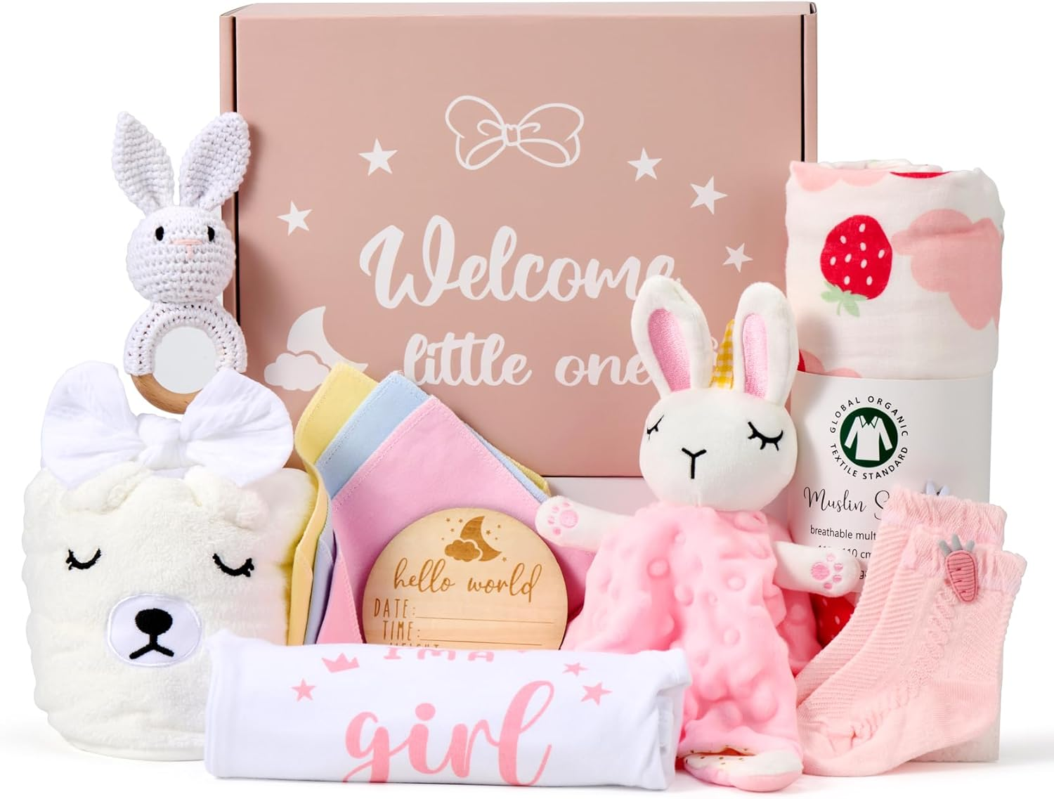 Baby Girl Gifts Basket, Newborn Girl Essentials for Baby Shower, Hooded Bath Towel, Muslin Swaddle Blanket, Girl Bodysuit, Bunny Rattle, Lovey, Baby Bibs, New Mom Gifts Box for Women image number 2