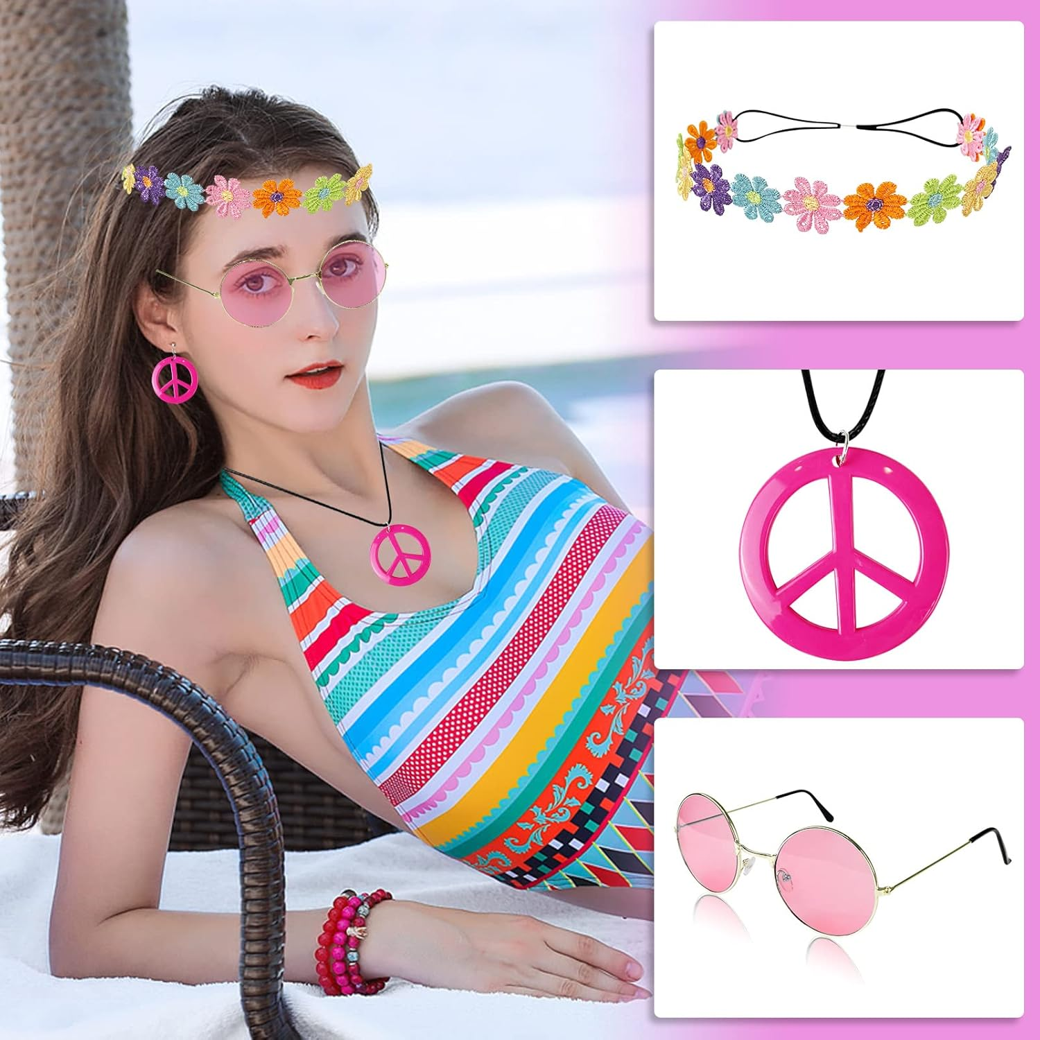 Hippie Costume Set Include Peace Sign Necklace Earrings, Flower Crown Headband and Colored Sunglasses 60S 70S Women Dressing image number 2