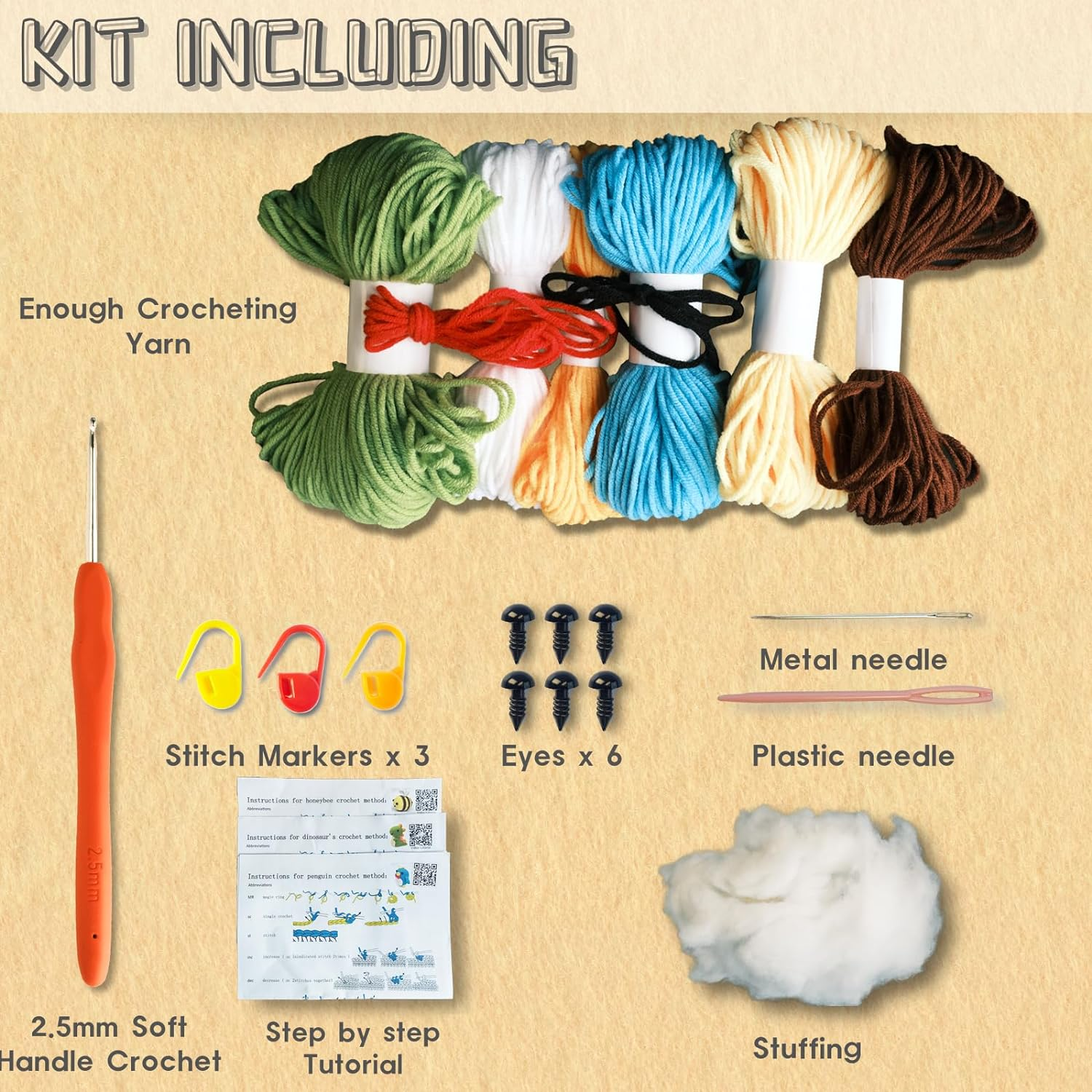 Crochet Kit for Beginners, Amigurumi Crocheting Animals Kits with Step-By-Step Video Tutorials- Penguin, Dinosaur or Bee, Knitting Starter Pack for Adults and Kids image number 5