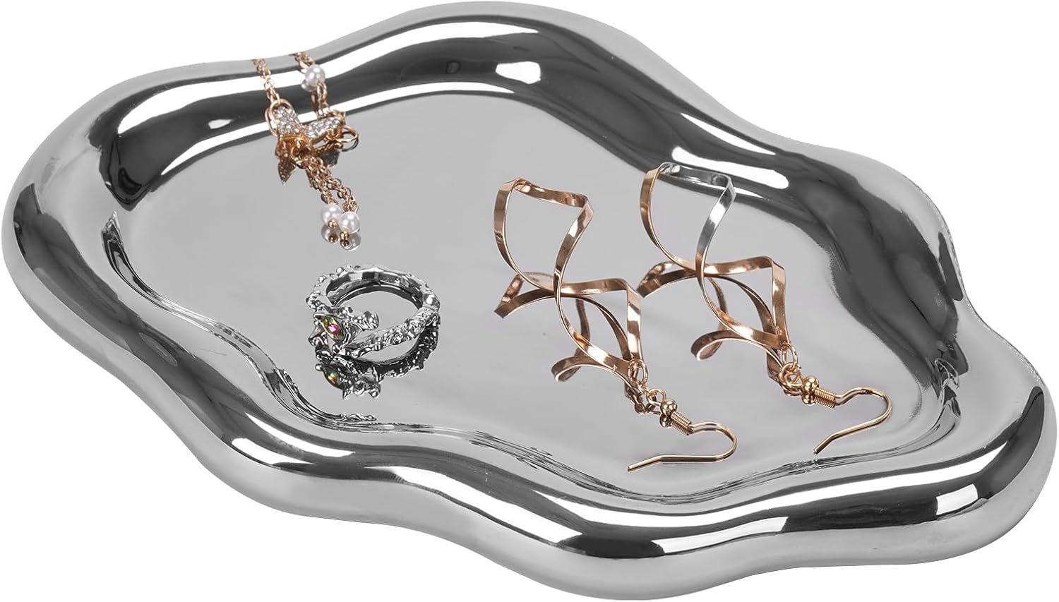 BIGPIPI Ceramic Jewelry Tray Dish for Ring Key Trinket, Cute Cloud Shape Decorative Jewelry Plate Holder for Women Gift (Silver), 7.6+ X 5 X 0.6 image number 3