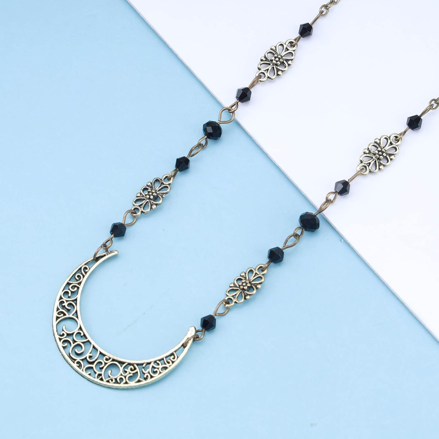 Yheakne Boho Crescent Moon Hair Chain Headband Black Crystal Head Chain Gothic Headband Hairpiece Gypsy Headband Tiara Festival Hair Accessories for Women and Girls image number 4