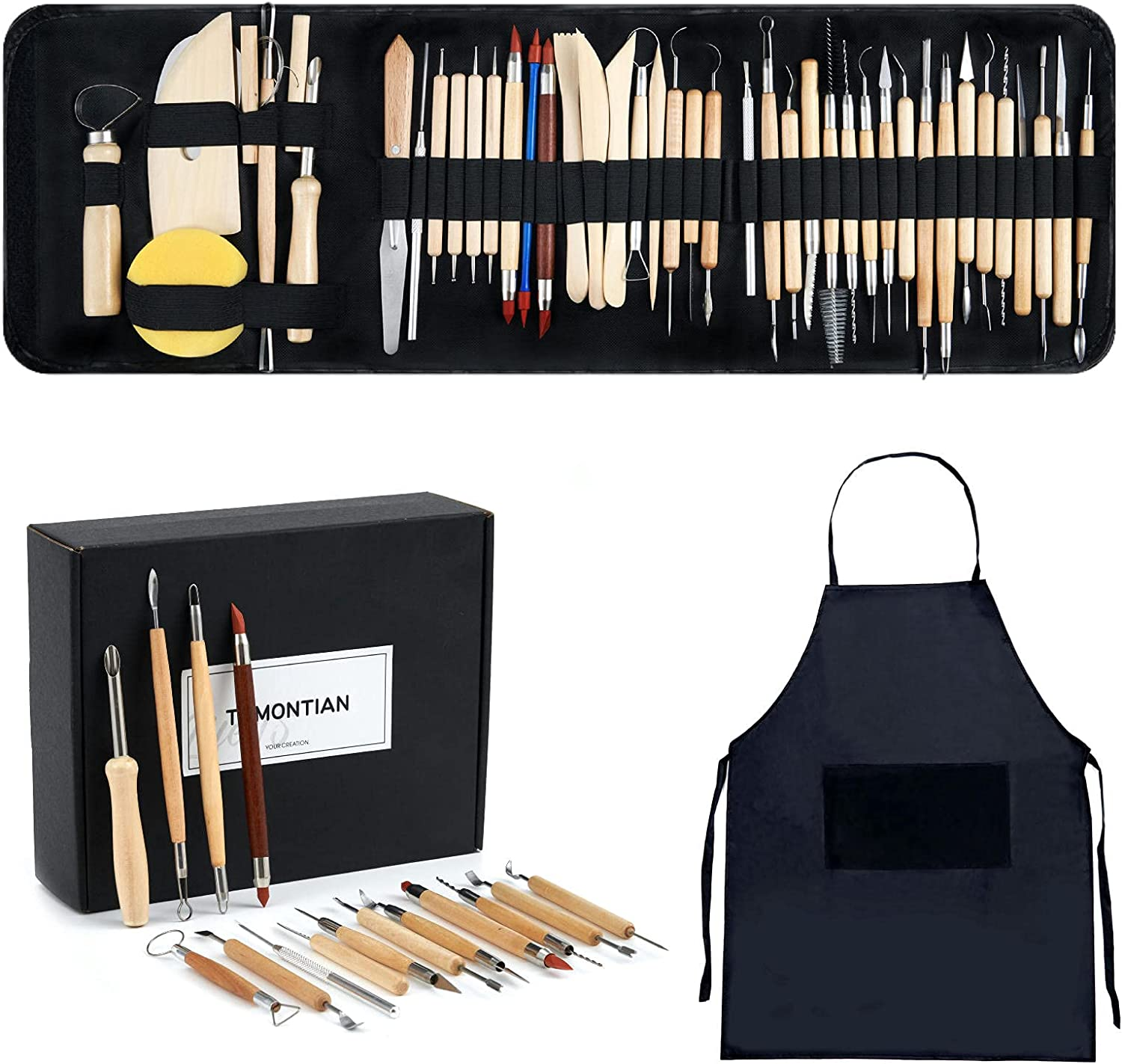 Pottery Tool Kit，Clay Sculpting Tools,43 Pcs Double Sided Pottery Wheel Tools for Adults，Pottery Carving Tools，Pottery Kiln Tools at Home，Ceramics Tools Set with Carrying Case Bag and Apron