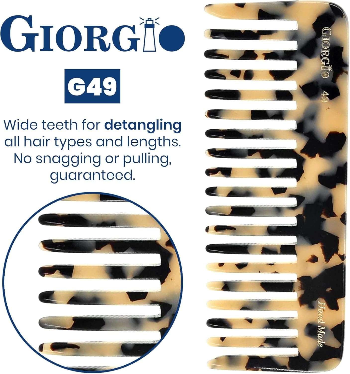 Giorgio G49 White Tokio, Large Wide Tooth Detangling Comb for Thick Curly Wavy Hair. Wet & Dry Hair Detangler - Handmade of Quality Cellulose, Saw-Cut, Hand Polished image number 2
