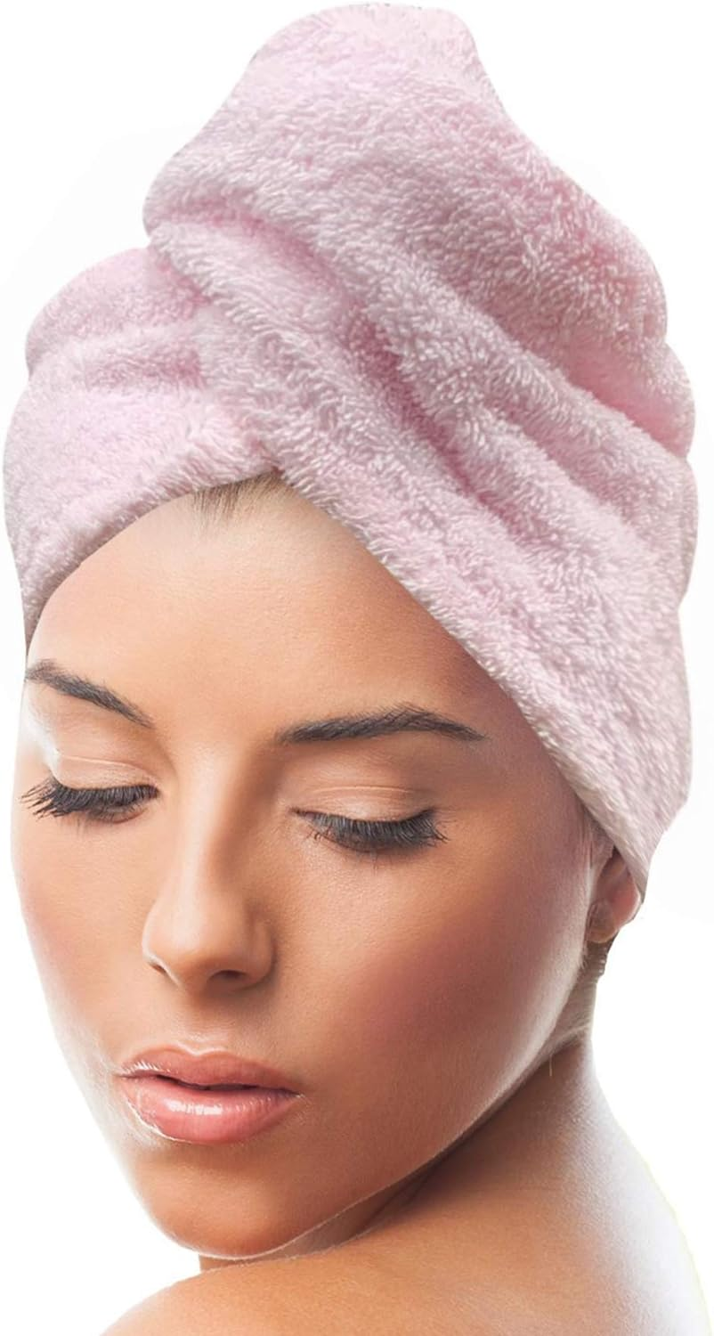 KEEPOZ Hair Towel Wrap Quick Dry 100% Cotton Super Absorbent Turban Head Wrap for Women with Button, Non Microfiber anti Frizz Hair Products, Hair Cap for Curly, Long & Thick Hair (Pink, 1 Pc)