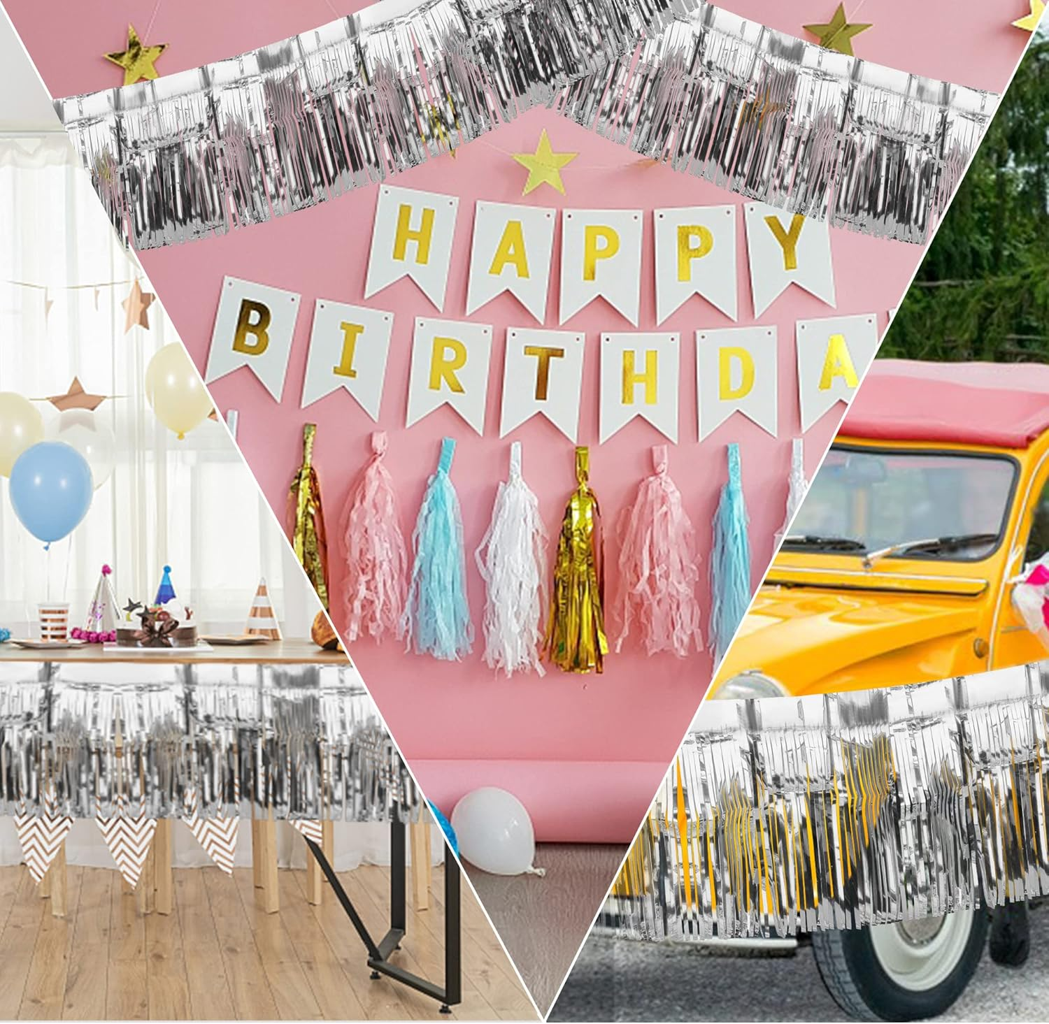 2 Pack Fringe Foil Curtain, Metallic Foil Fringe Garland Shiny Wall Hanging Drapes Tassel Foil Float for Parade Float Trailer, Birthday Holiday Party Decoration (Silver) - Gold image number 7