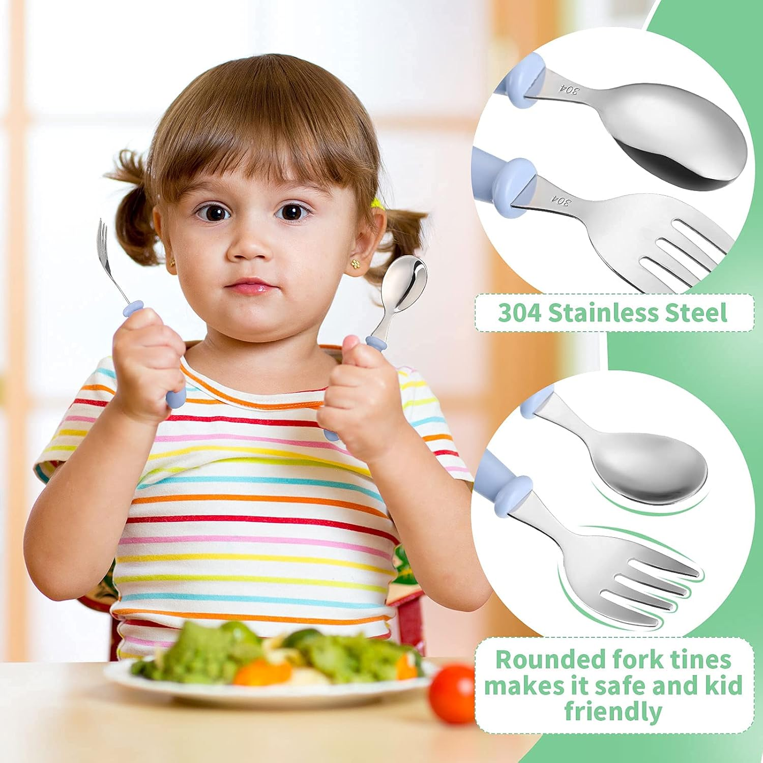 Jerssamy 9 Pieces Toddler Utensils Stainless Steel Fork and Spoon Safe Baby Silverware Set, Kid Safe Utensils Children'S Flatware Kids Cutlery Set with round Handle for Lunchbox (Blue, Green, Pink)