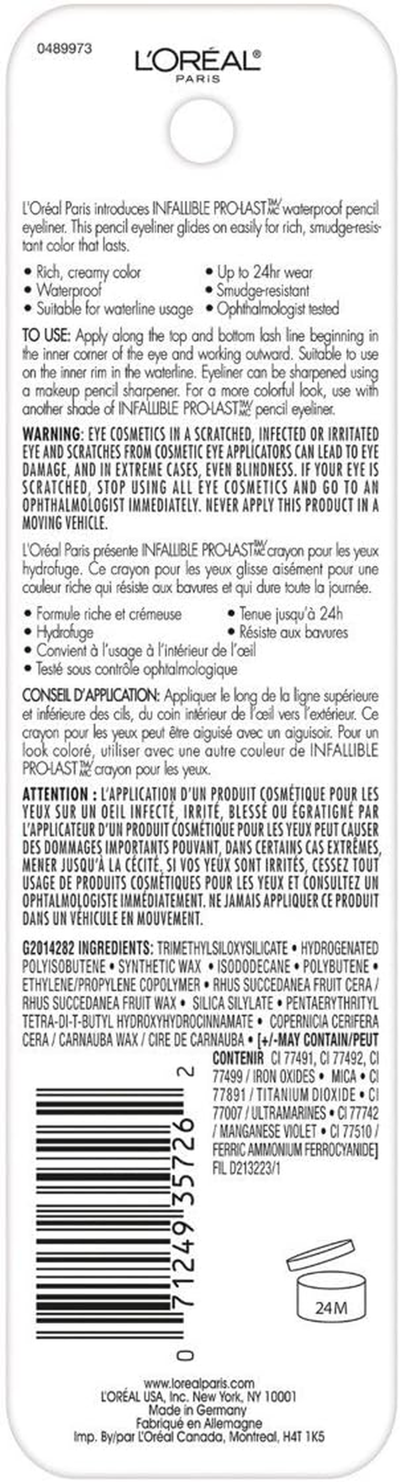 L'Oreal Paris Makeup Infallible Pro-Last Pencil Eyeliner, Waterproof and Smudge-Resistant, Glides on Easily to Create Any Look, Grey, 0.042 Oz. image number 7