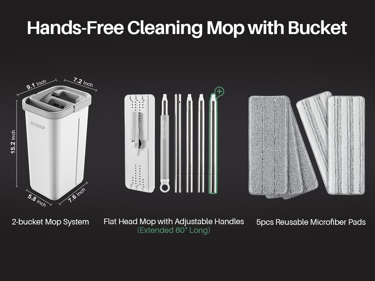 JOYMOOP Mop and Bucket Set, White Flat Mop and Bucket with Wringer Set for Home Floor Cleaning, Microfiber Mopper with Flat Head with 5 Microfiber Cloths image number 4